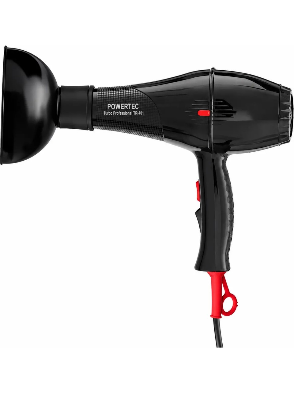 Beyaz arka planda difüzörlü ve kırmızı düğmeli siyah Powertec saç kurutma makinesi.