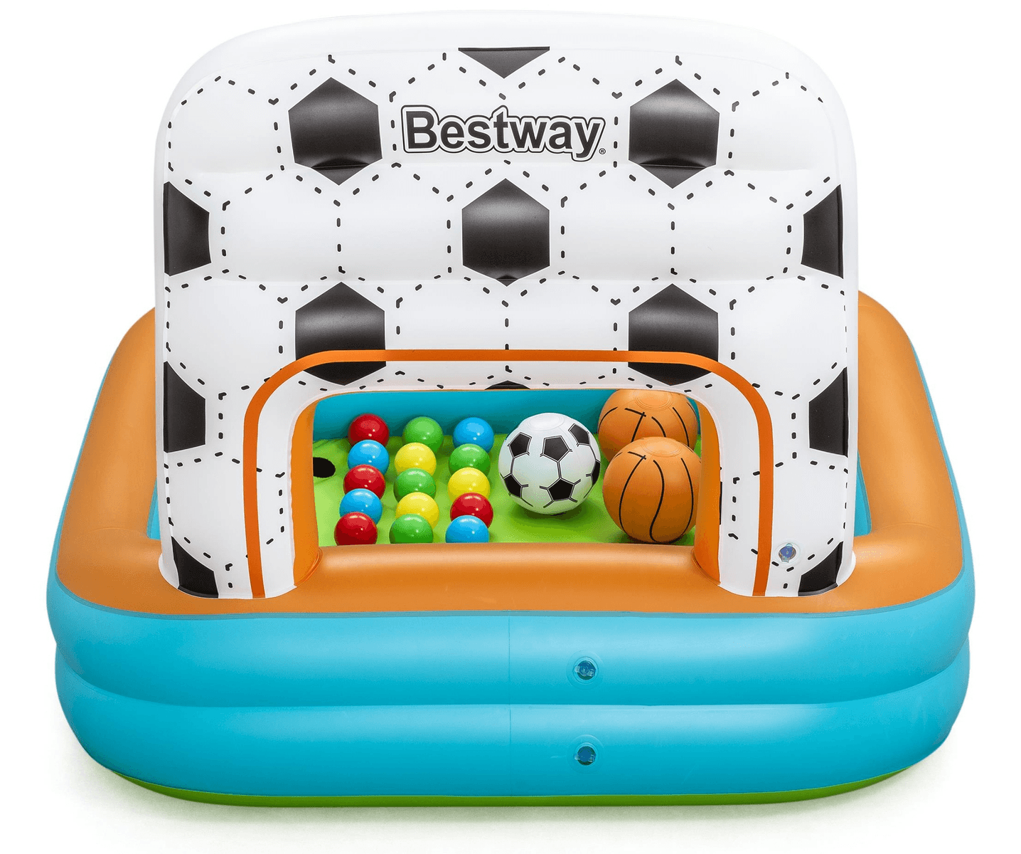 Una piscina de juegos inflable Bestway con arco de portería, pelotas de colores, un balón y dos pelotas.