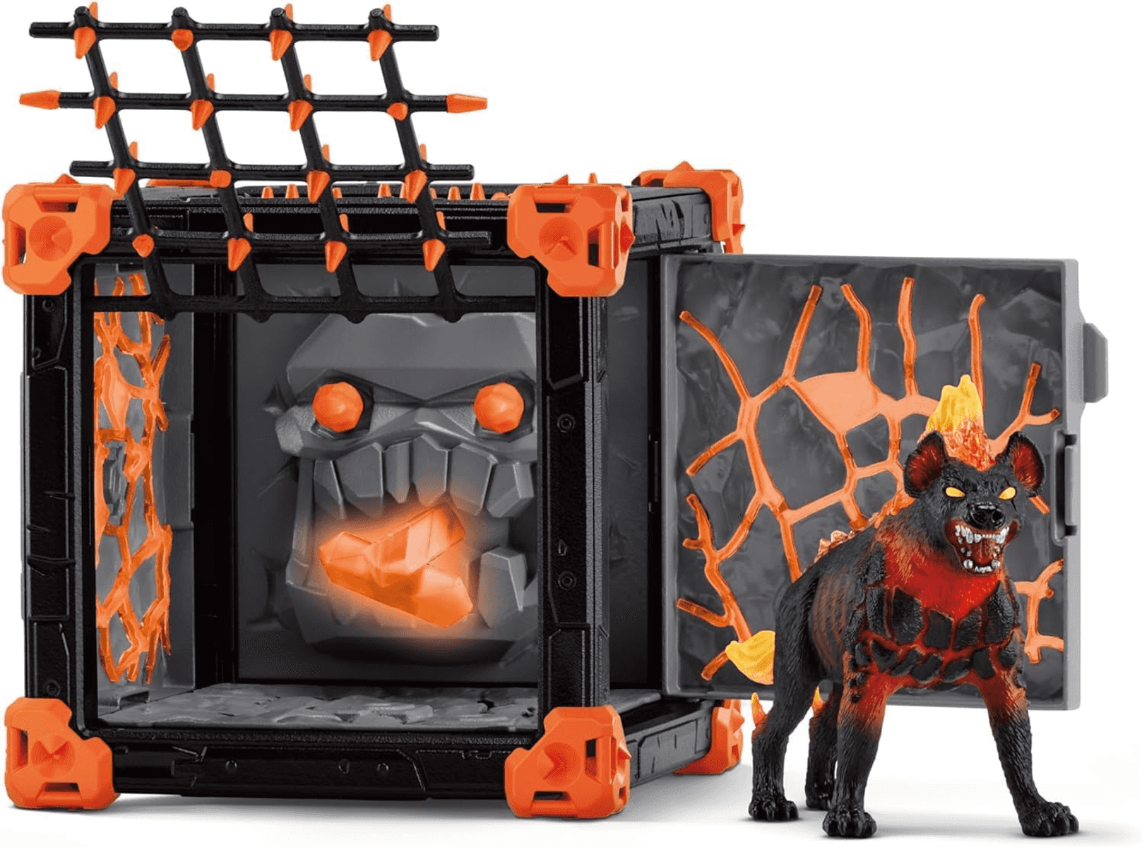 Eine schwarze und orangefarbene Spielzeugbox mit Gitter und ein feuriges Hyänen-Monster davor auf weißem Grund.