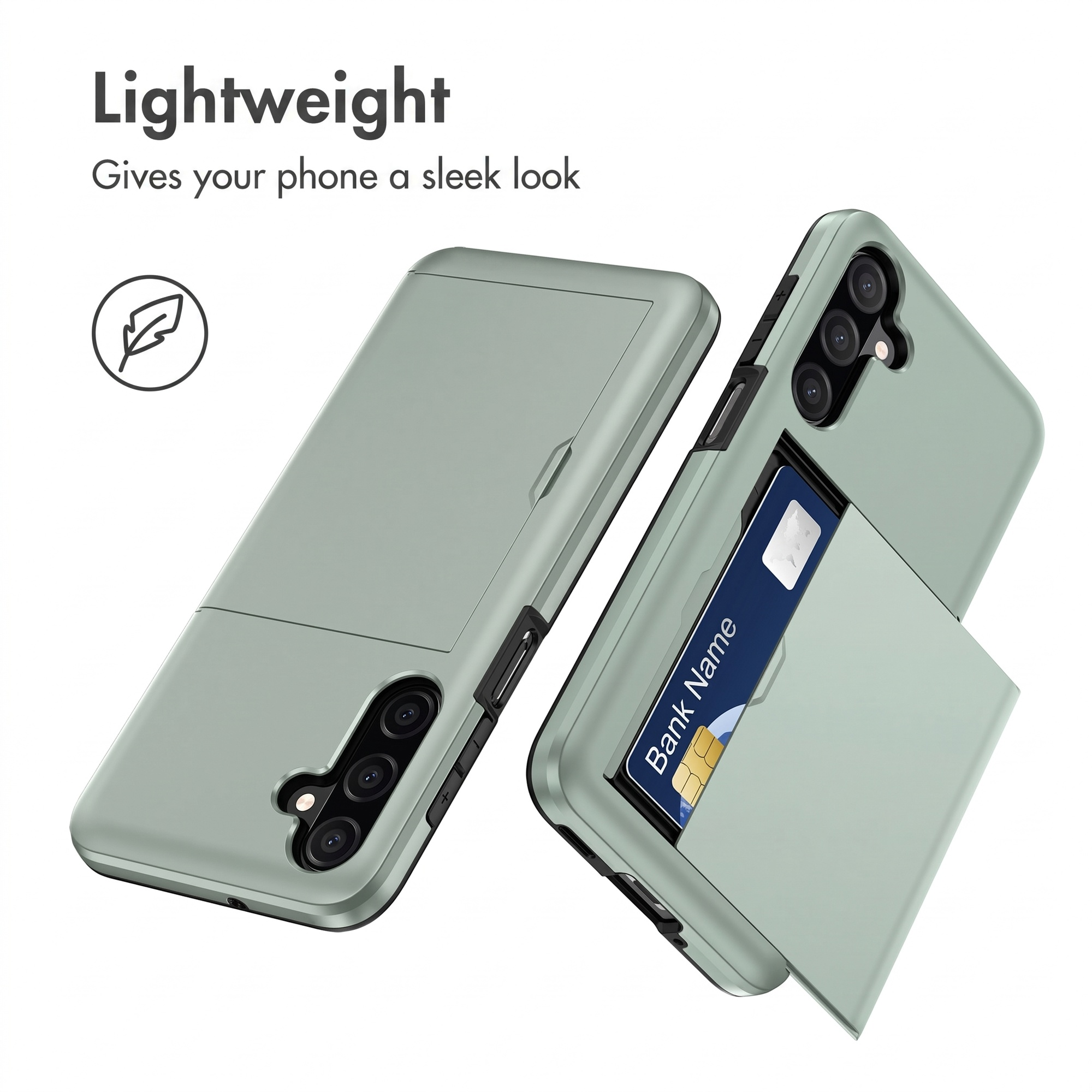 Deux coques de téléphone vert clair vues de dos, une avec une carte.