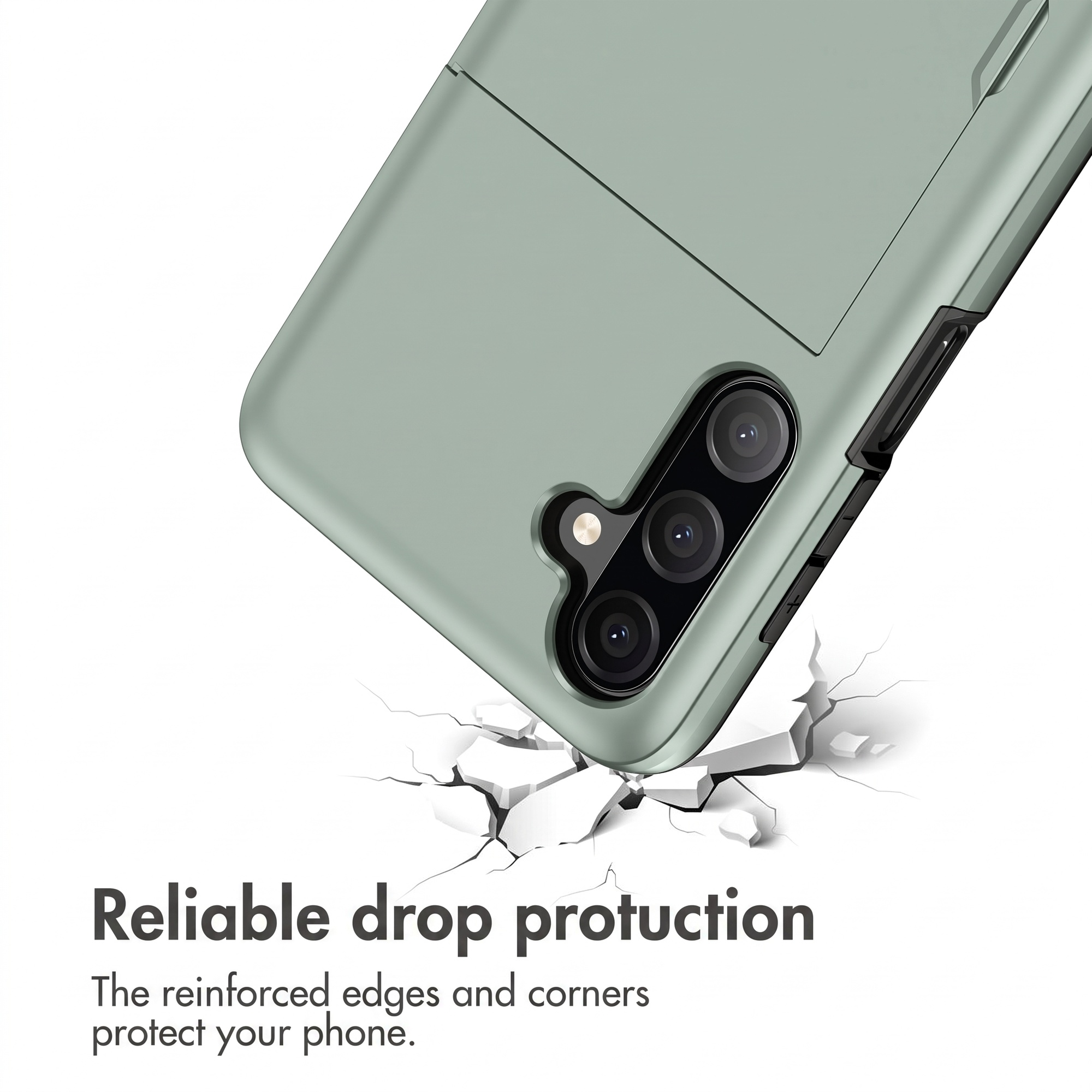 Coque de téléphone verte avec trois caméras sur fond blanc craquelé et texte.