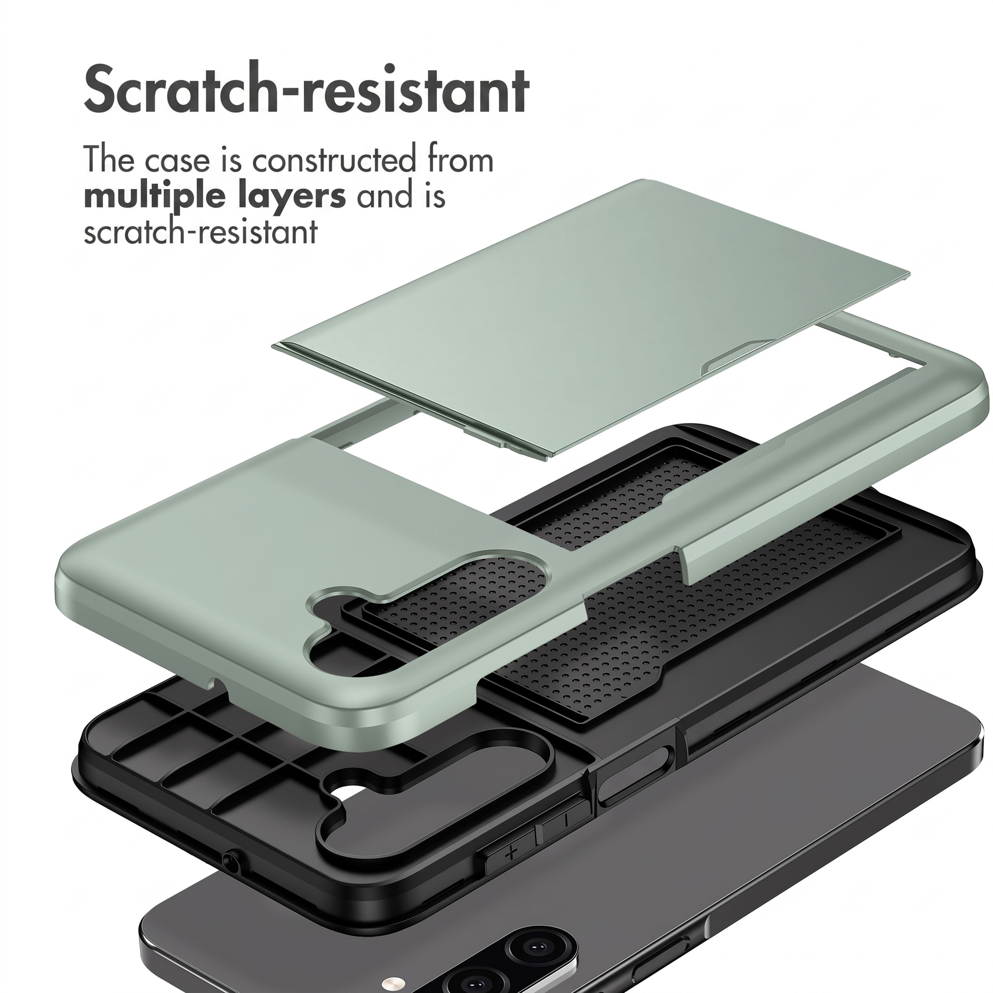 Vue éclatée d'une coque de téléphone multicouche résistante aux rayures en gris et noir au-dessus d'un smartphone.