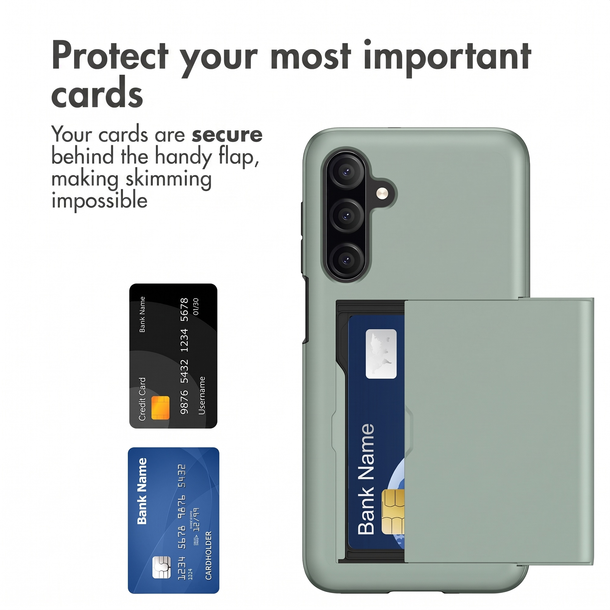Coque de téléphone verte avec porte-cartes intégré et texte de protection.