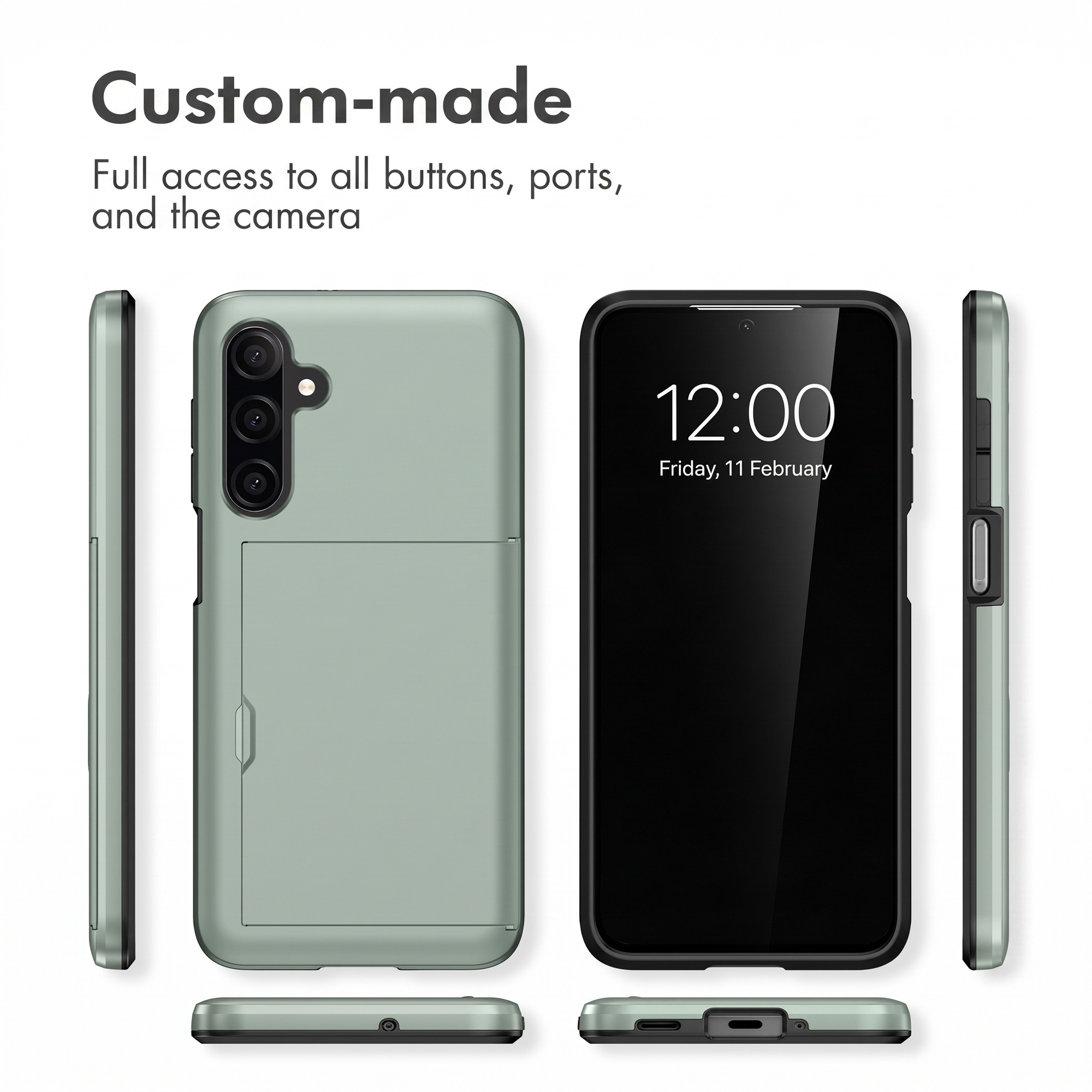 Coque de smartphone verte avec porte-cartes, vue avant et arrière.
