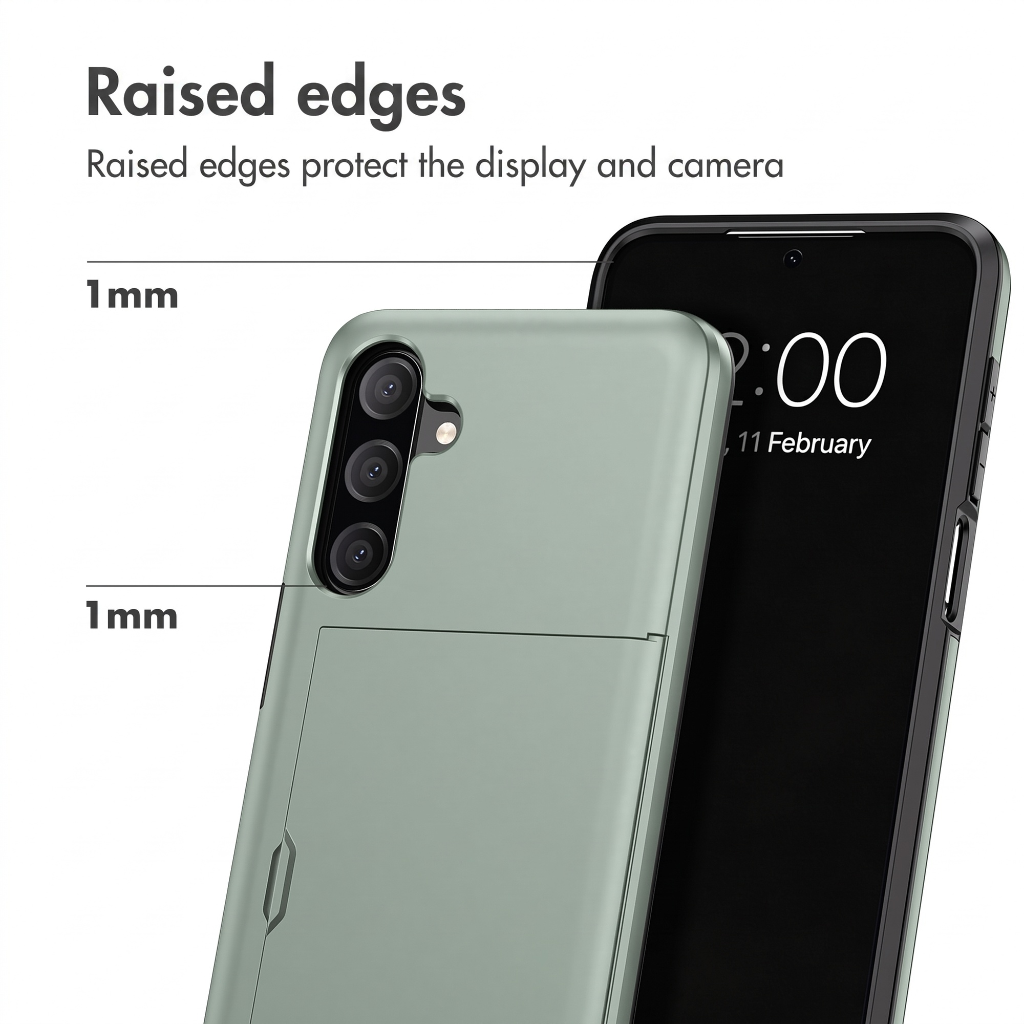 Coque de smartphone verte avec fente pour carte et bords protecteurs.