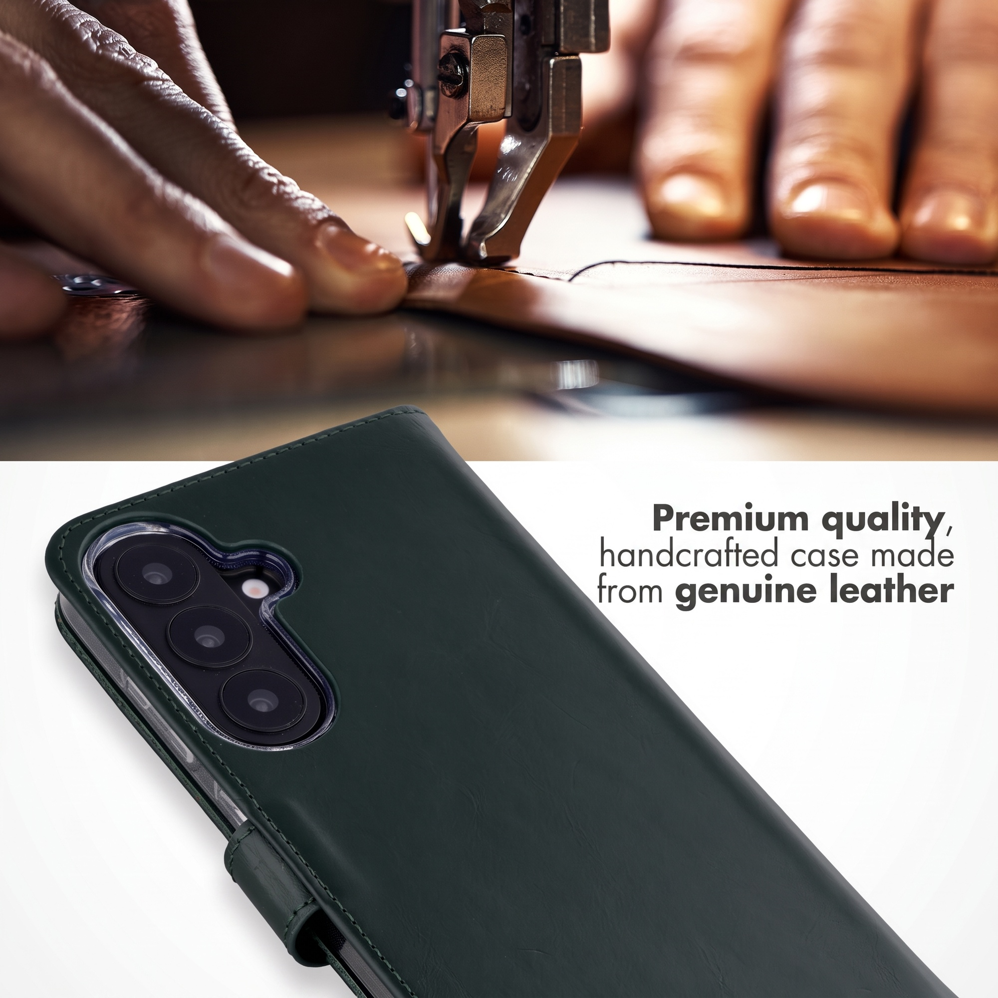 Handgemaakt lederen hoesje van echt leer, met een naaimachine die erboven werkt.