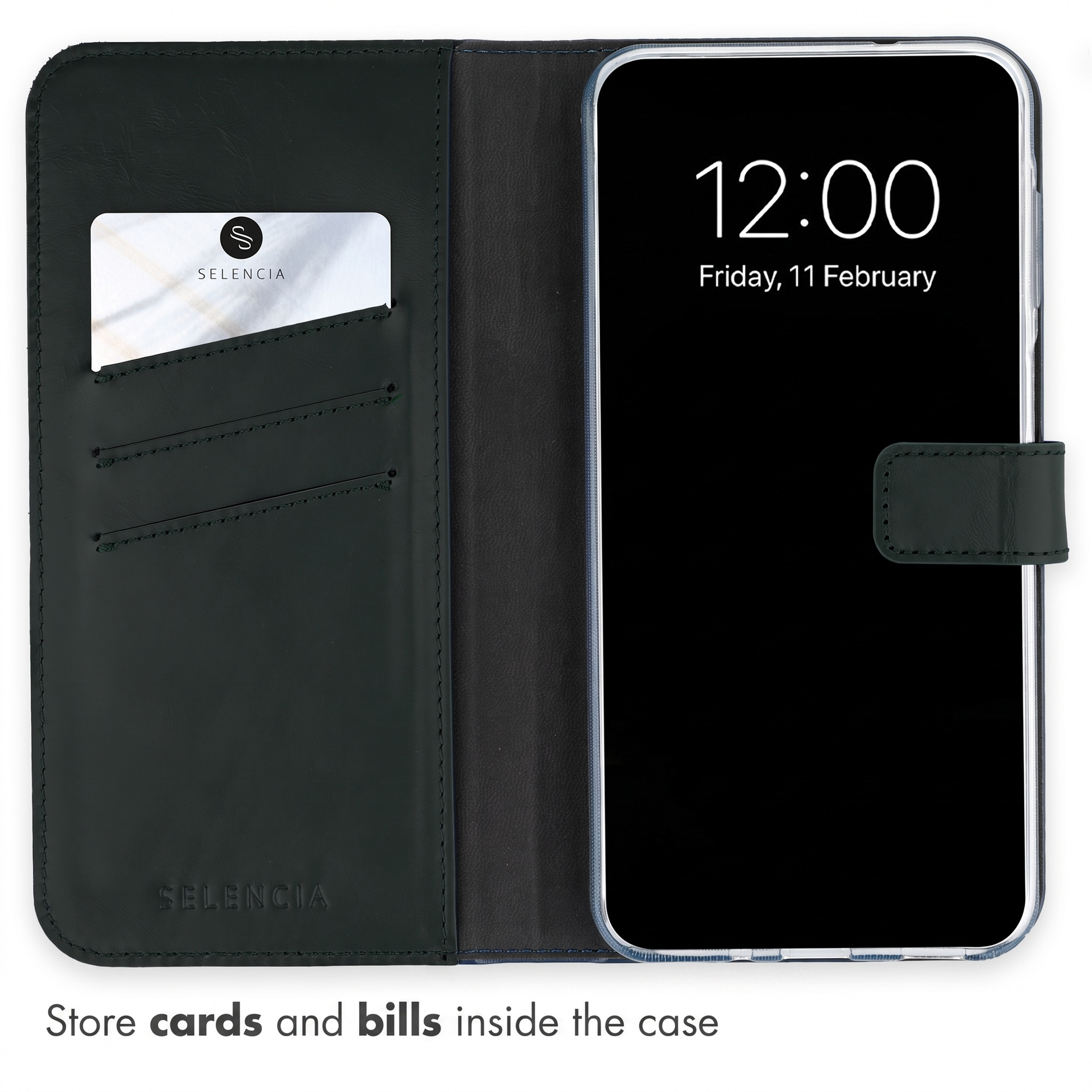 Een zwarte lederen smartphone wallet-case met een kaartsleuf met Selencia-kaart en een telefoon die 12:00 weergeeft.