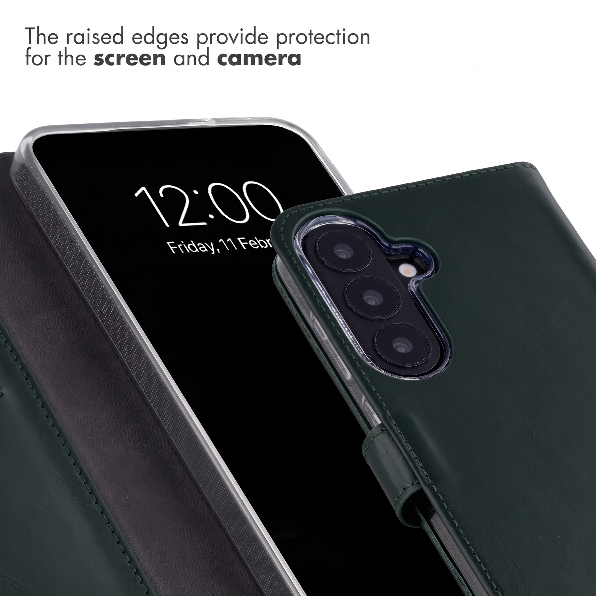Groene lederen telefoonhoes ter bescherming van camera en scherm.