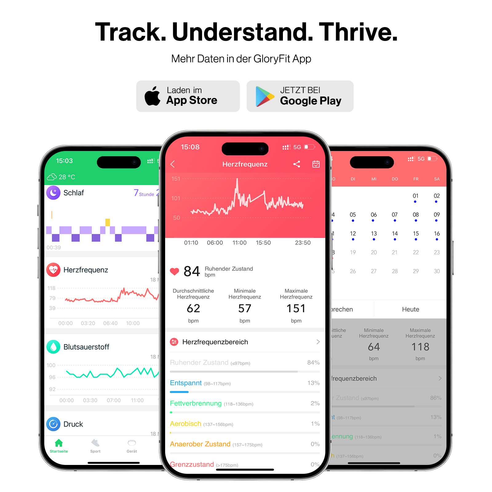 Drei Smartphones zeigen Fitness- und Gesundheitsdaten in einer App, mit Download-Buttons für App Stores.