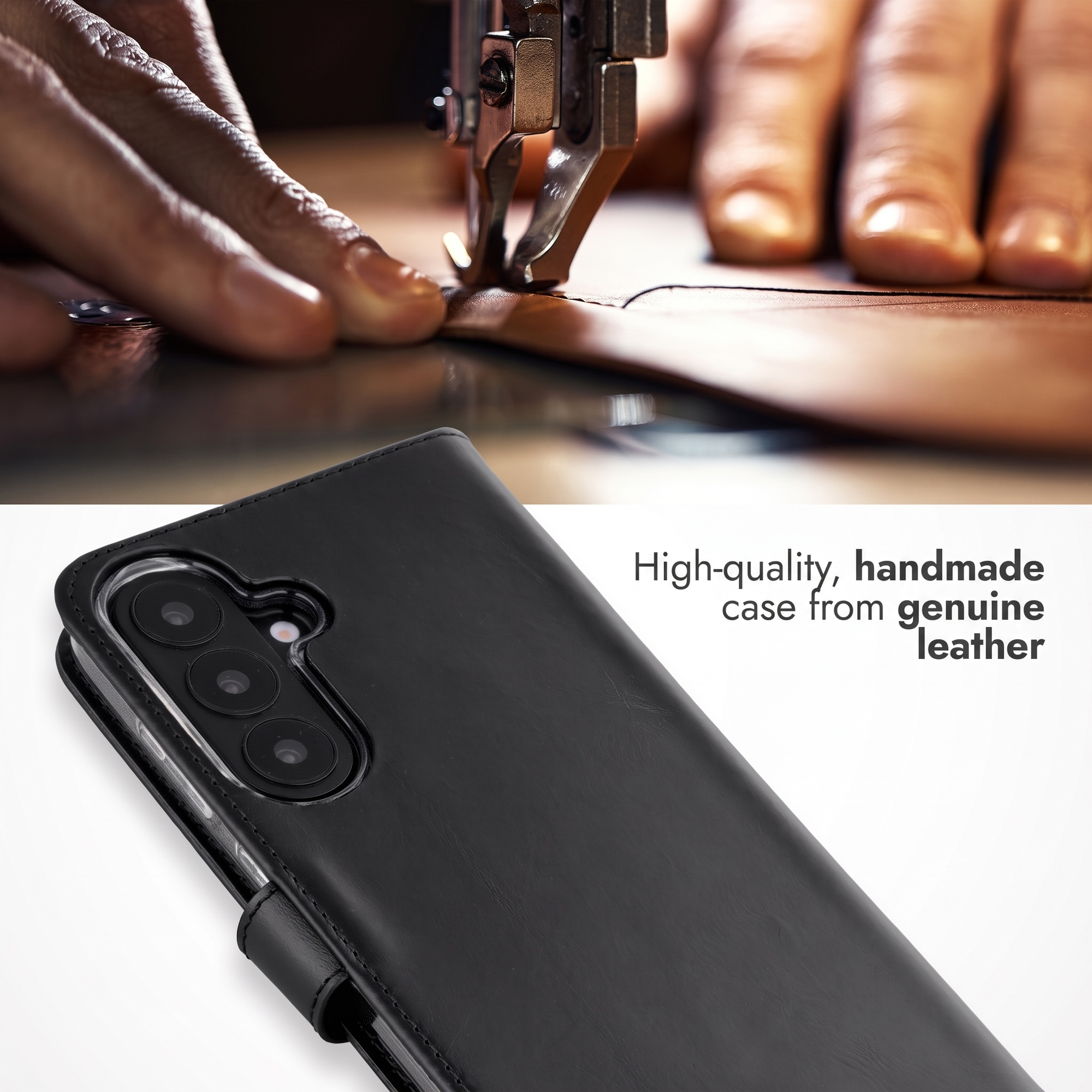 Handgemaakte zwarte lederen smartphonehoes wordt genesteld, met tekst over echt leer.