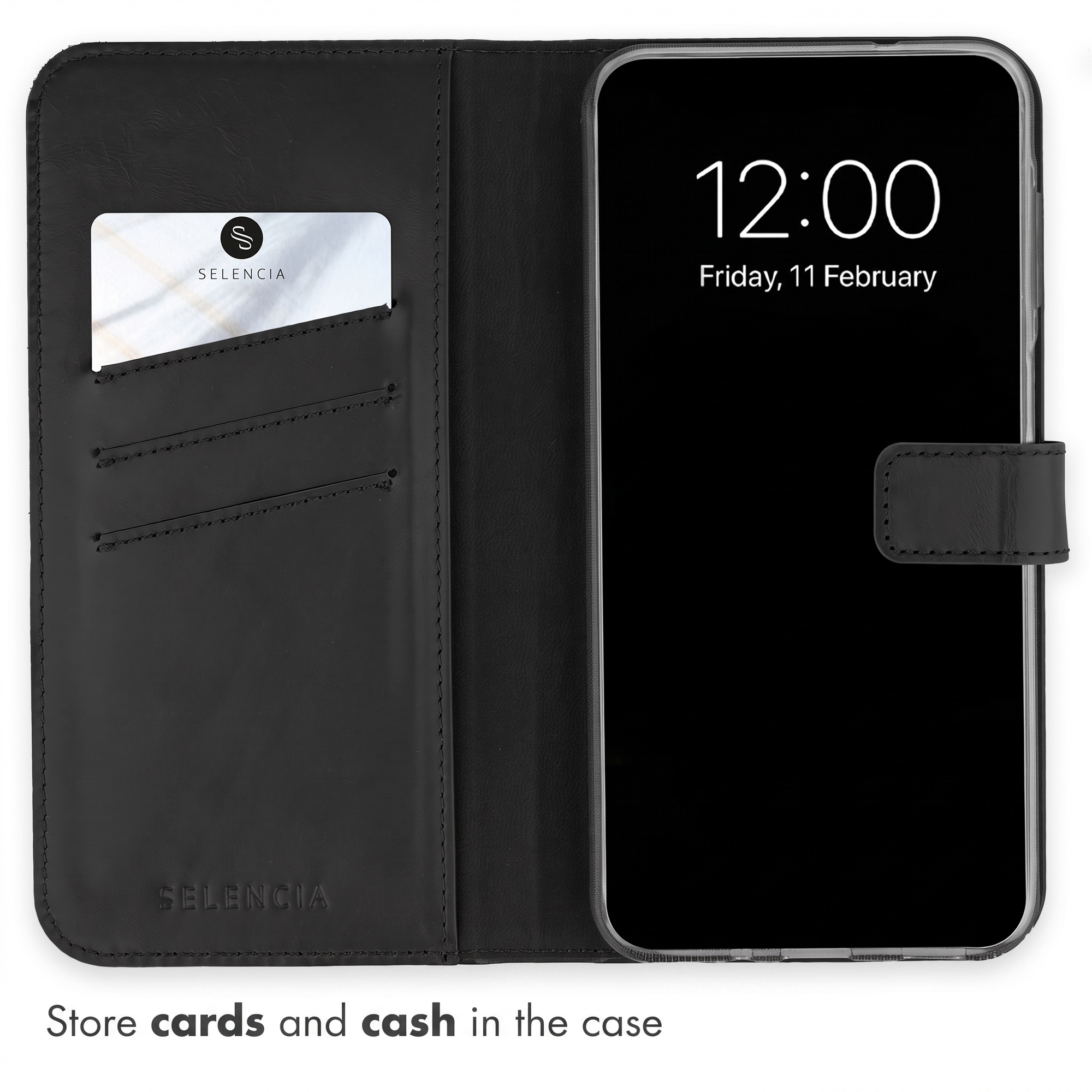 Zwarte leren telefoonhoes met pashouder en smartphone.