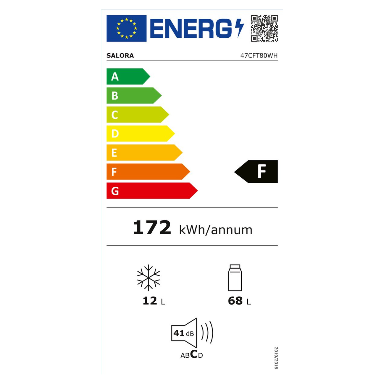 Etiqueta energética Salora, clase F, 172 kWh/año, 12L, 68L, 41 dB.