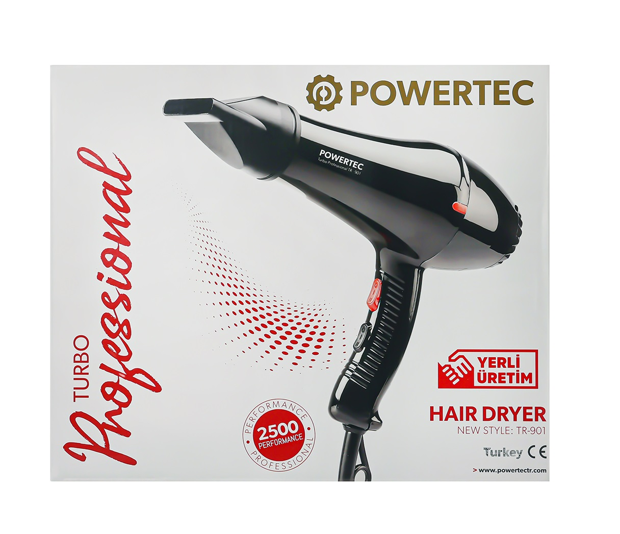 Beyaz arka planda siyah Powertec Turbo Professional TR-901 saç kurutma makinesi ambalajı.
