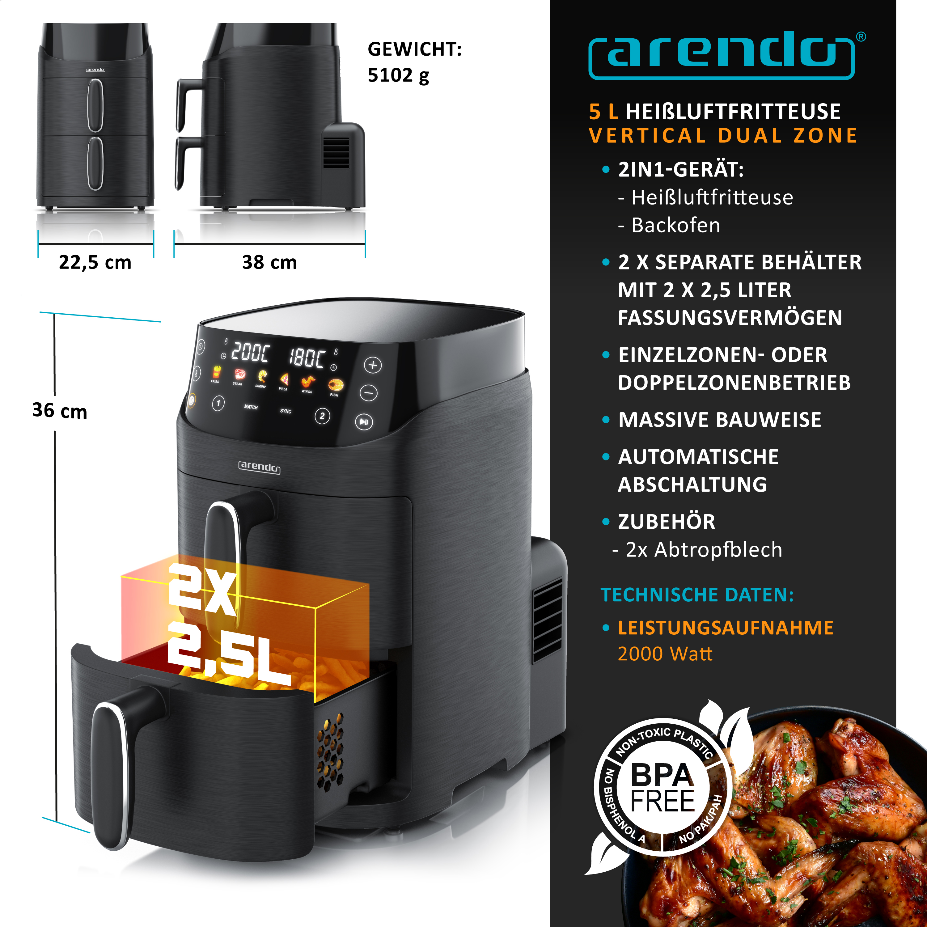 Arendo 5L Heißluftfritteuse mit zwei Zonen, Maßen und technischen Daten auf schwarzem Hintergrund.