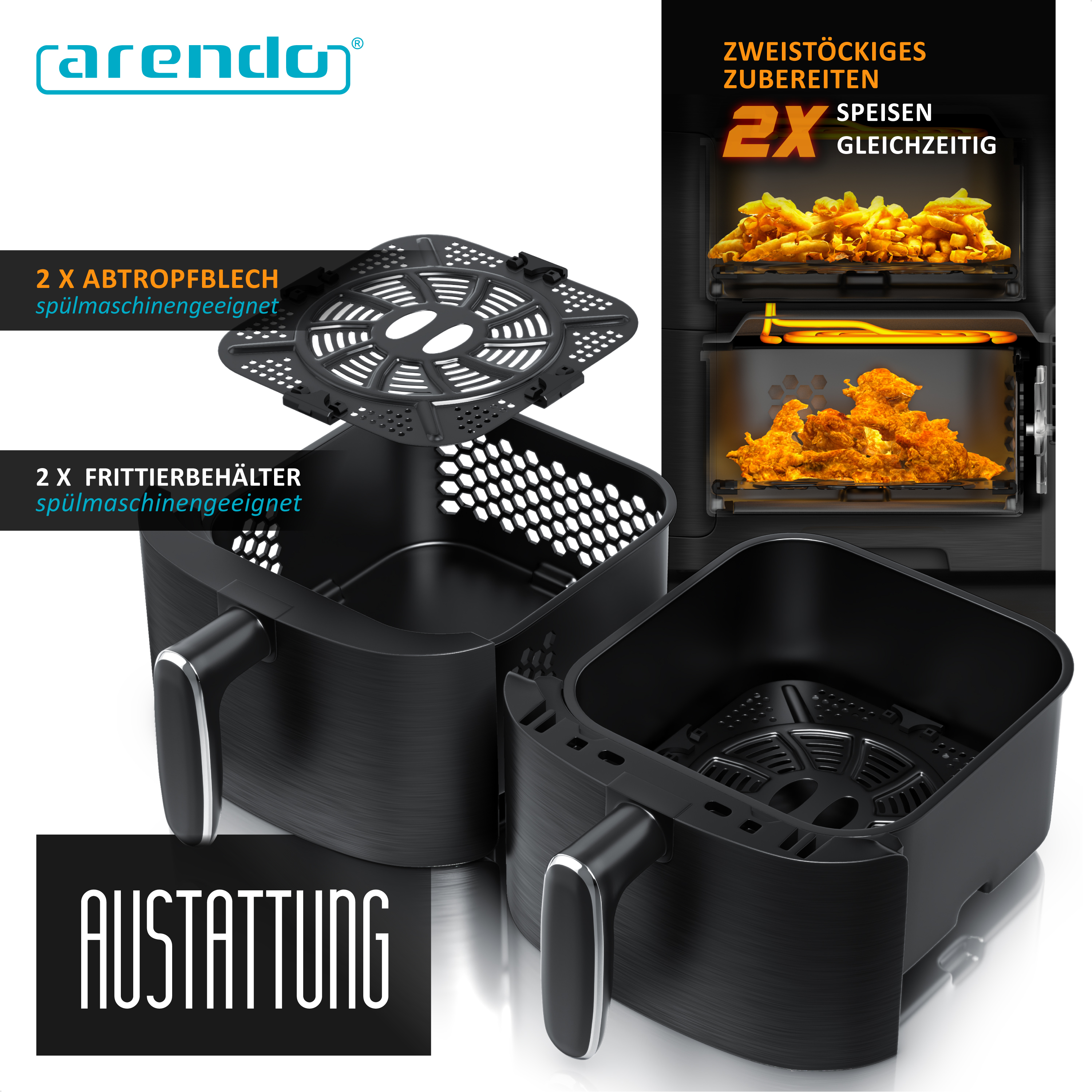 Arendo Heißluftfritteuse mit zwei Frittierbehältern, Abtropfblechen und digitalem Display mit Kochzonen.