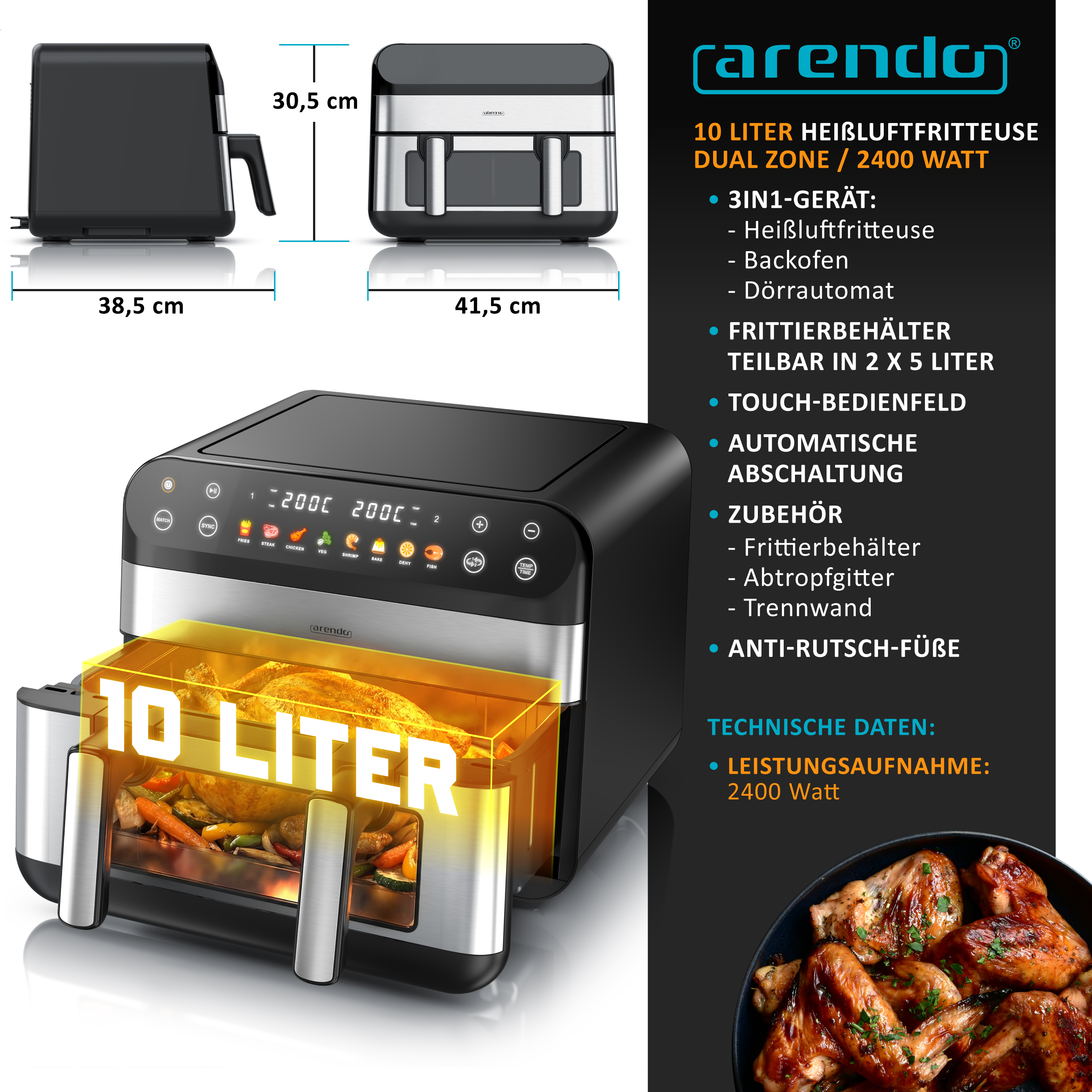 Arendo 10-Liter-Heißluftfritteuse mit Dual-Zone, Touch-Display, 2400 Watt und Maßen, mit Hähnchen im Korb.