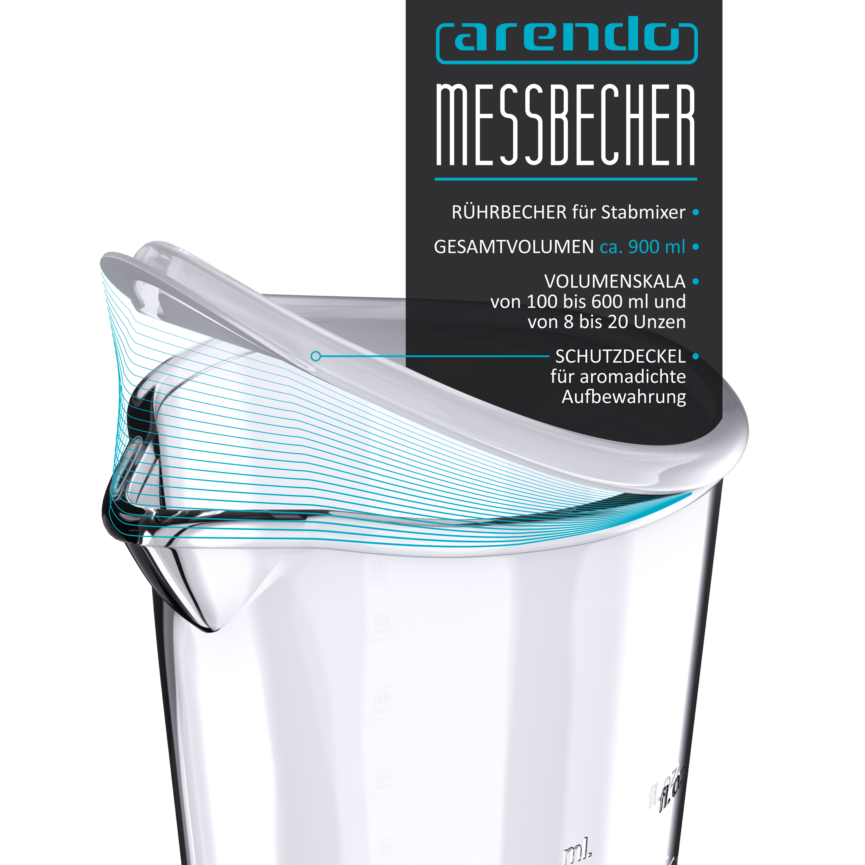 Arendo Messbecher mit 900 ml Volumen und Schutzdeckel für aroma-dichte Aufbewahrung.