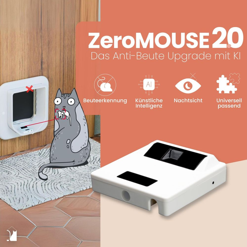 Werbebild für ZeroMOUSE 20, eine KI-gestützte Katzenklappe, mit Grafik einer Katze und den Produktfunktionen.