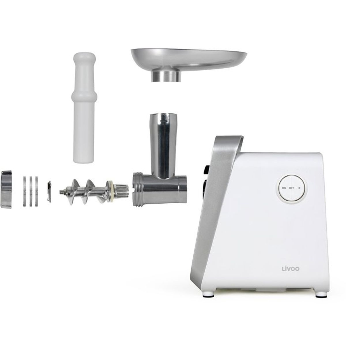 Tritatarne elettrico bianco con parti in acciaio inossidabile staccabili e accessori su sfondo bianco.