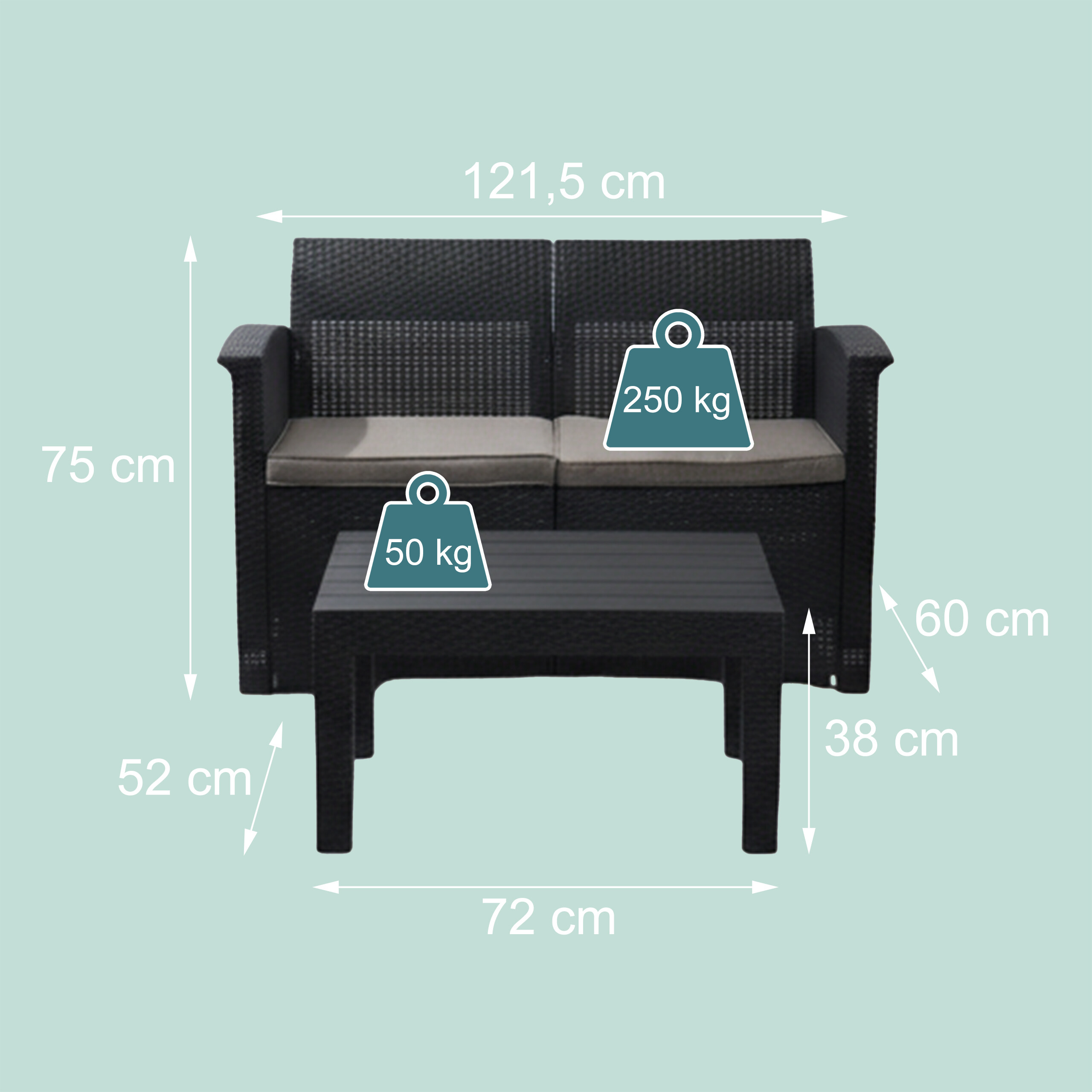 Schwarzes Polyrattan-Gartensofa und Tisch mit Maßen und Gewichtsgrenzen.