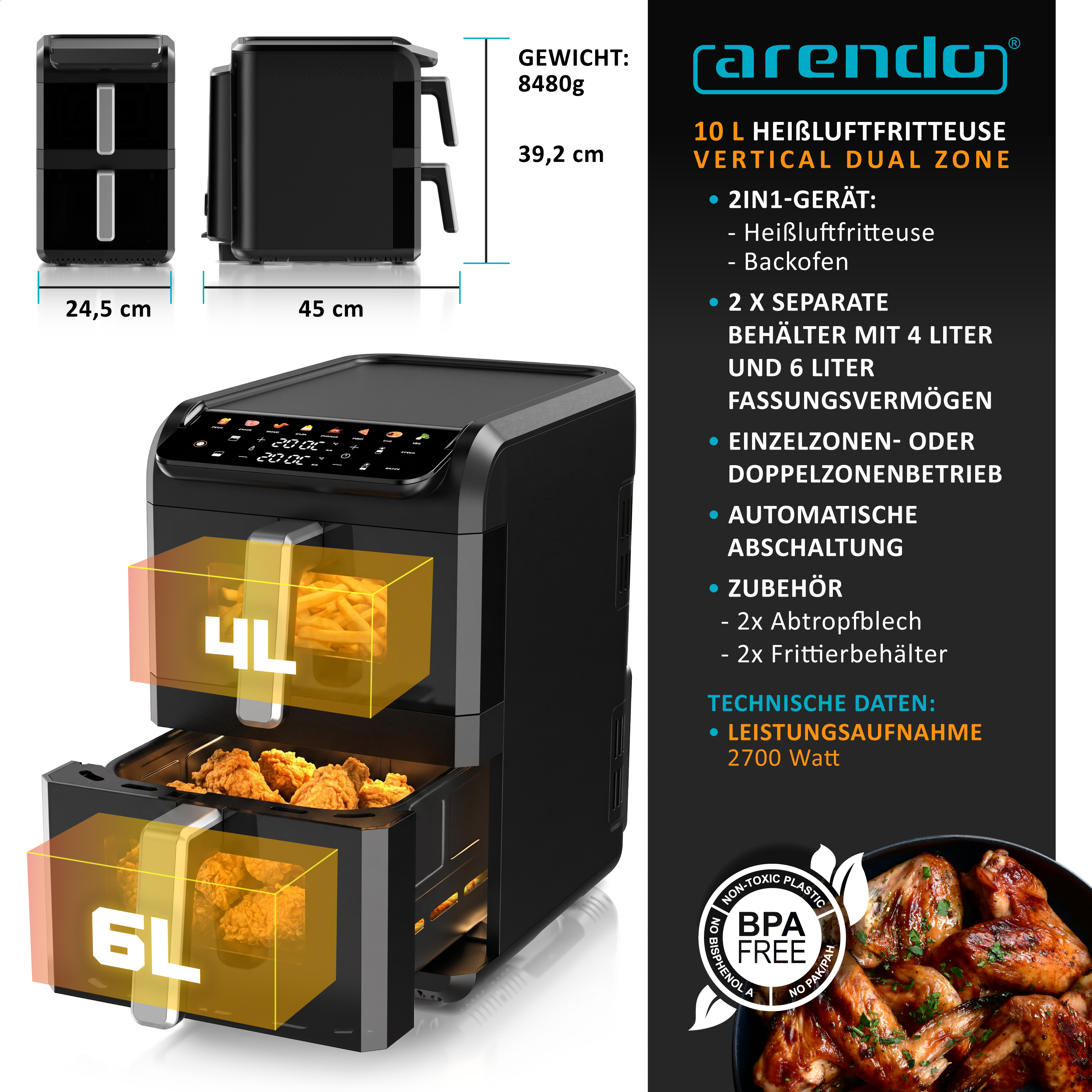 Arendo Heißluftfritteuse Vertical Dual Zone mit 10L, Maßen, zwei Fächern und Produktspezifikationen.