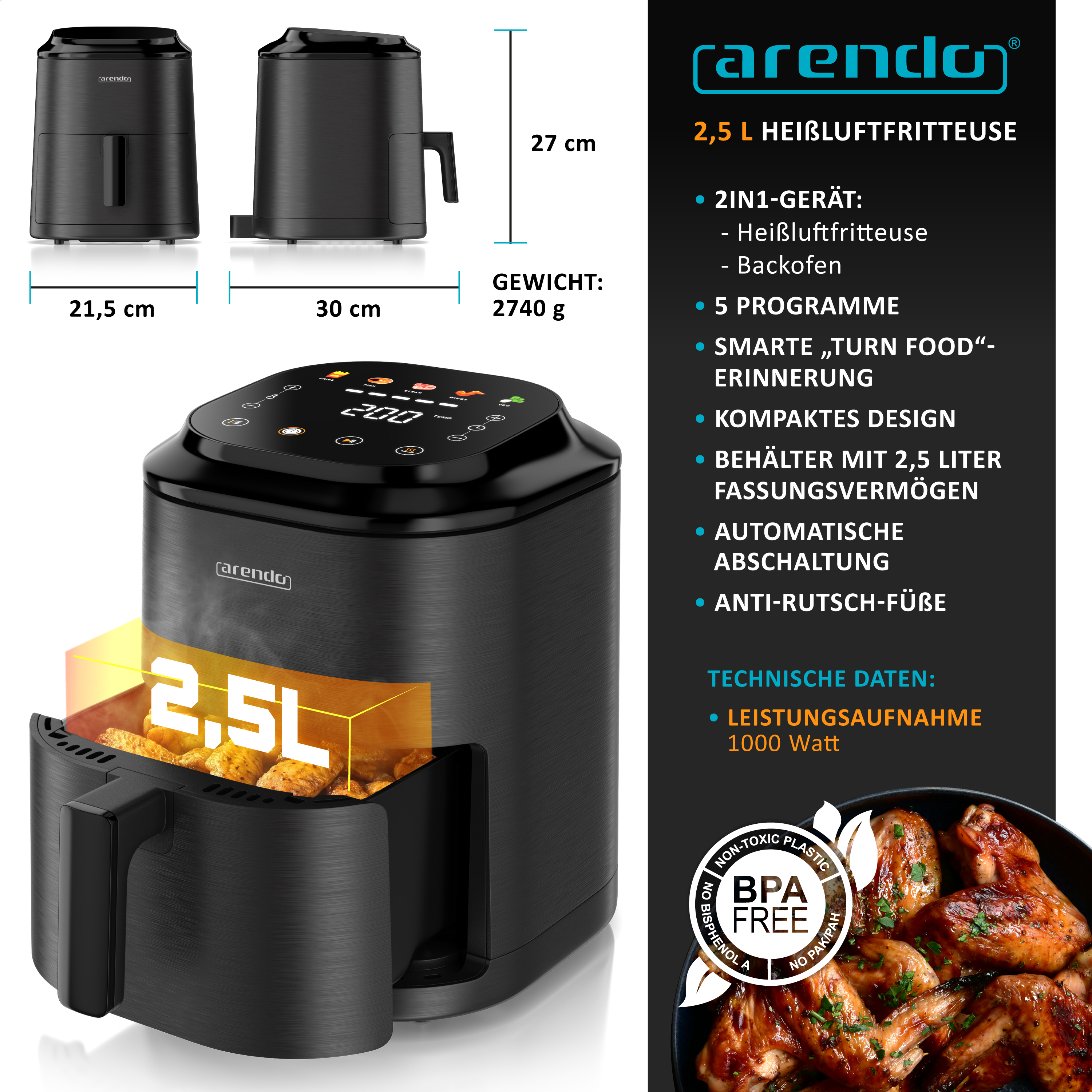 Schwarze Arendo Heißluftfritteuse mit 2,5L Fassungsvermögen, Touch-Display und technischen Produktdetails.