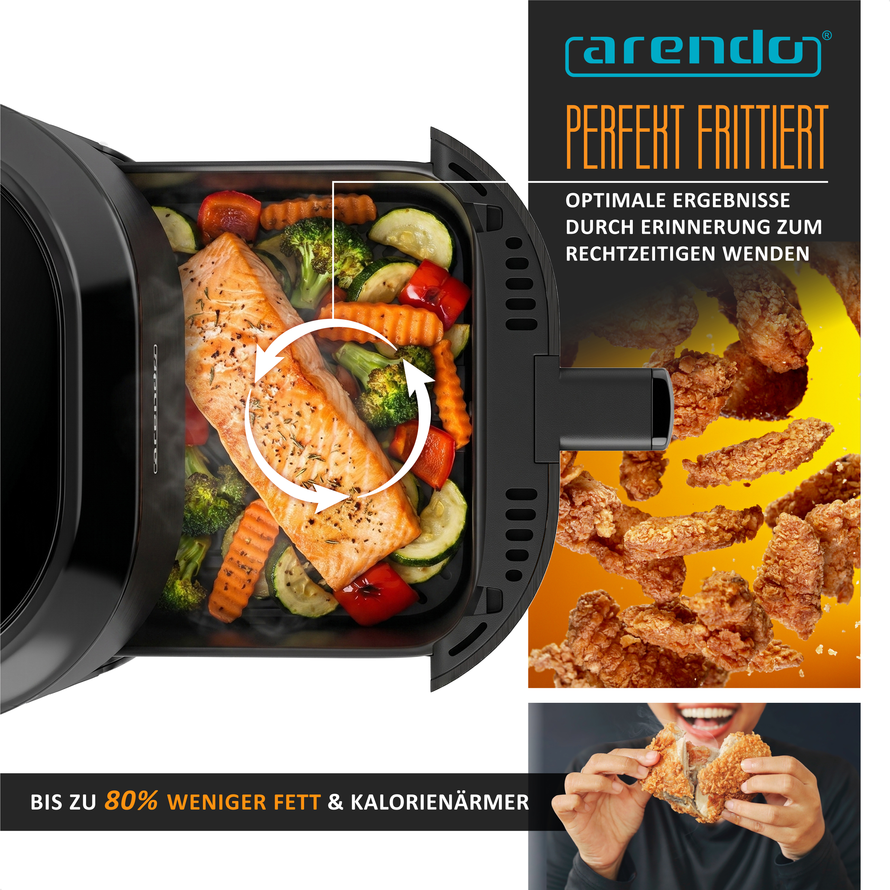 Arendo Heißluftfritteuse mit Lachs und Gemüse in der Schublade sowie Text zur Reduzierung von Fett.