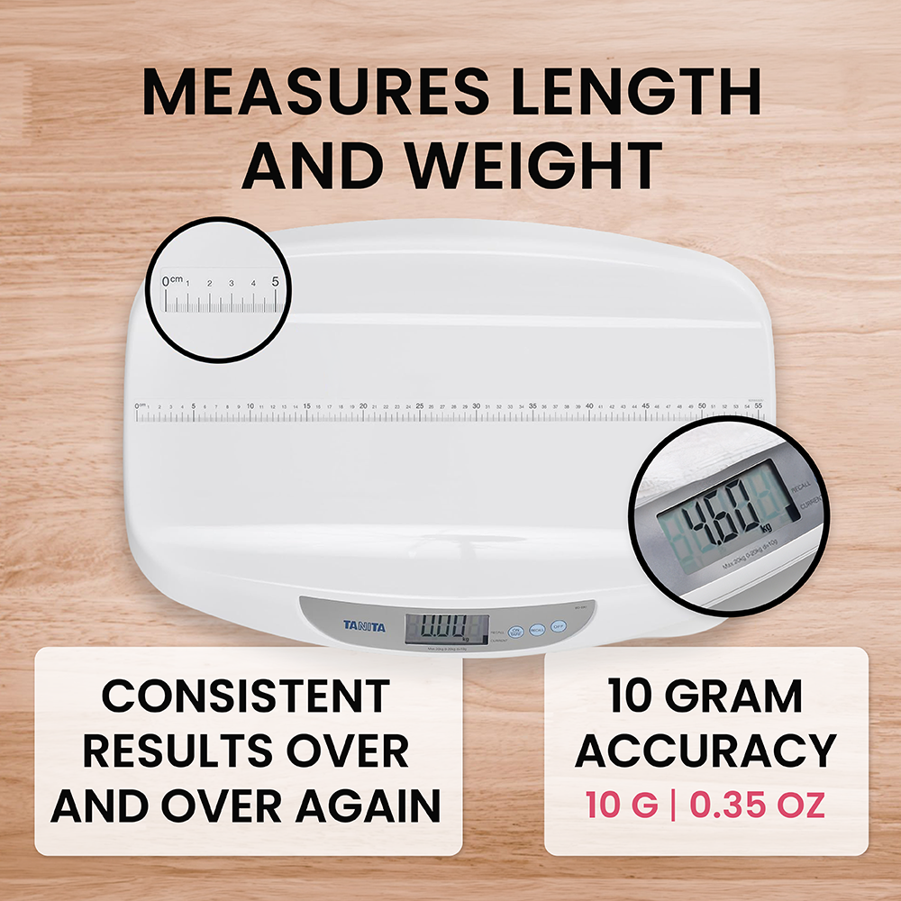A white digital baby scale on a wooden table, featuring length and weight measurement tools.