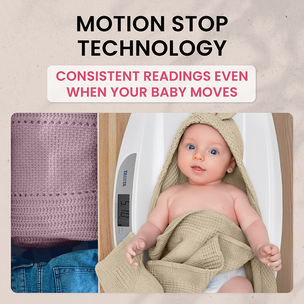 A baby in a hooded towel lies on a digital scale, with text promoting motion stop technology above.