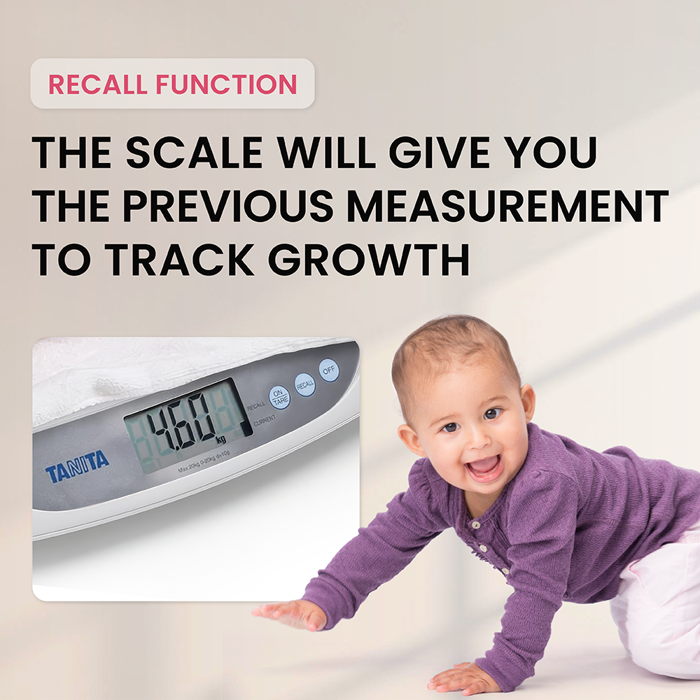 A happy baby in purple and a digital Tanita scale showing 4.60 kg.