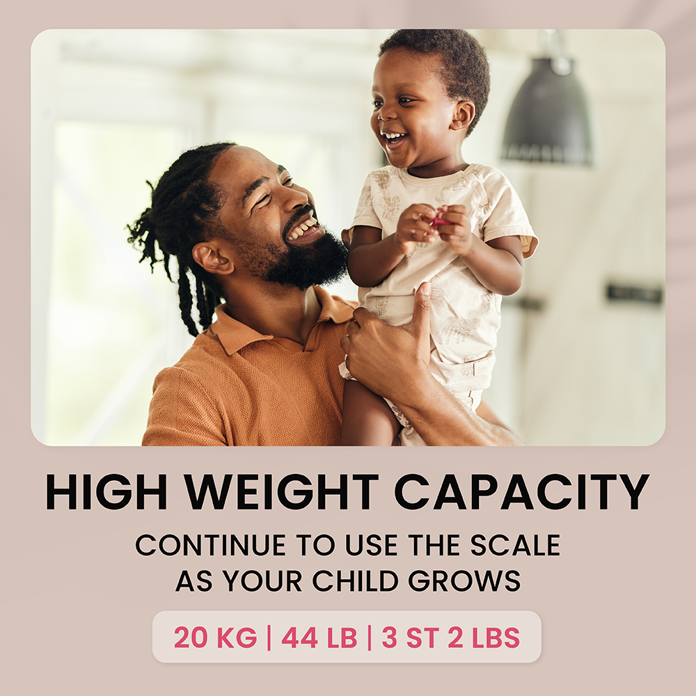 Happy father holding a smiling toddler, with text about weight capacity.