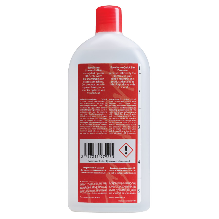 A white plastic bottle with a red cap and a red label containing text, instructions, and a barcode.
