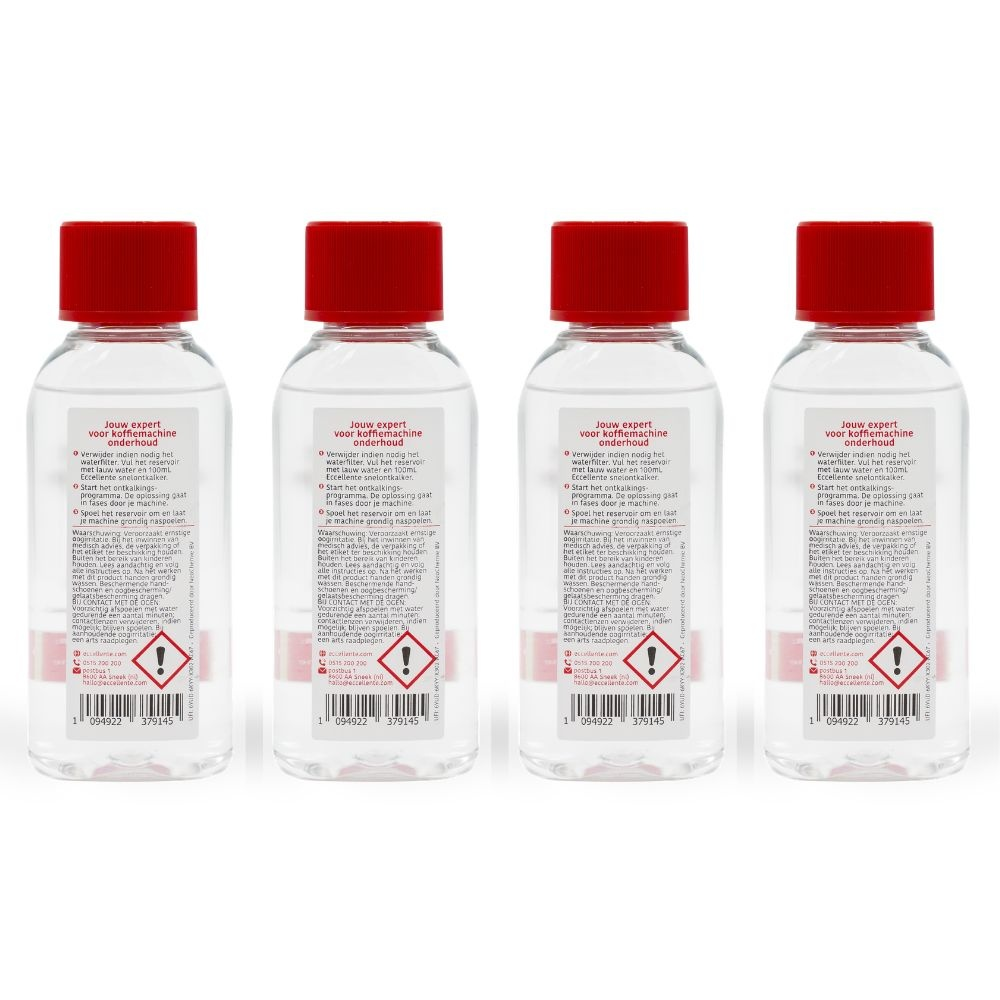 Four identical plastic bottles with red caps and text labels stand upright in a row against a white background.