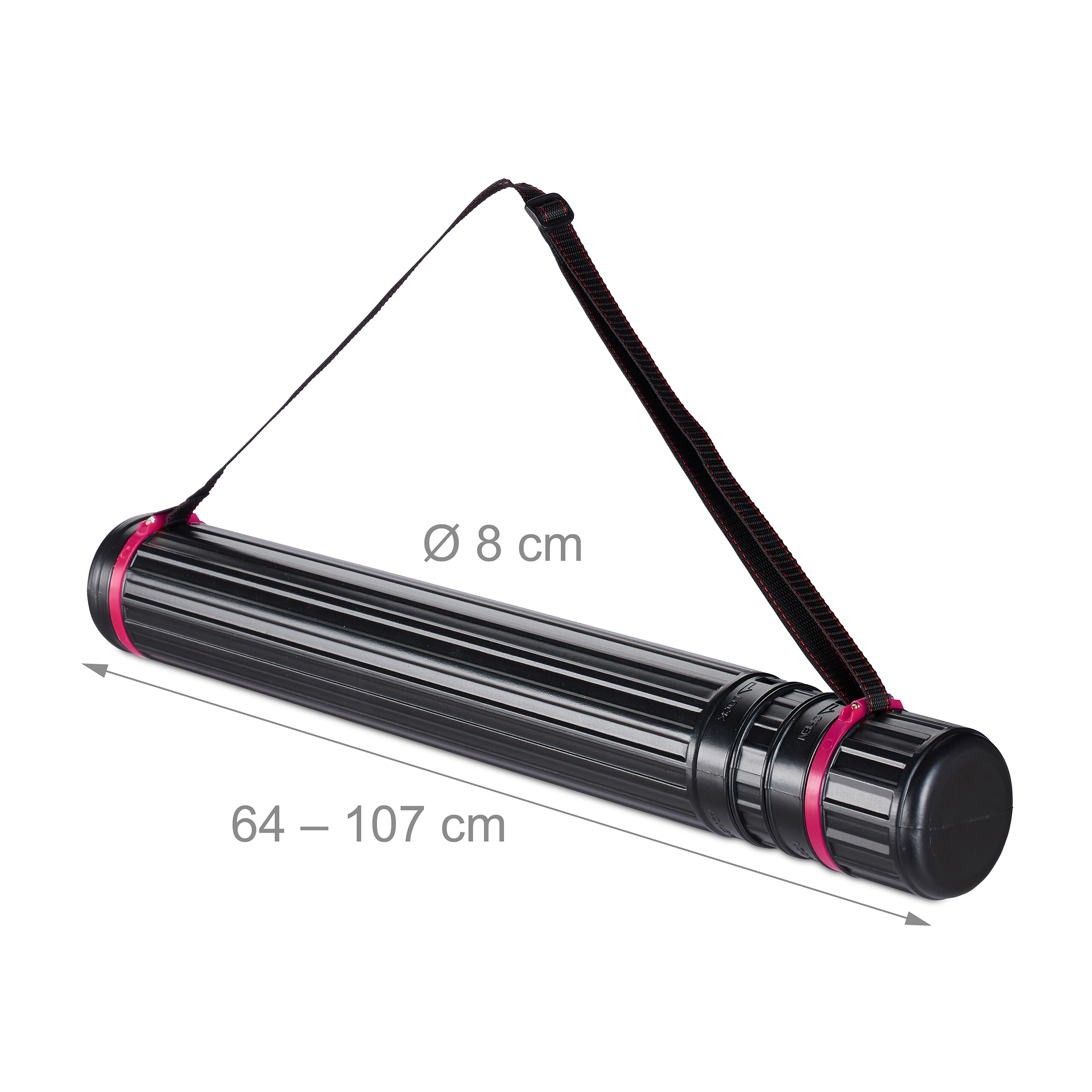 Eine schwarze Plastik-Zeichnungsrolle mit rotem Gurt, Abmessungen 8 cm Durchmesser und 64 bis 107 cm Länge.