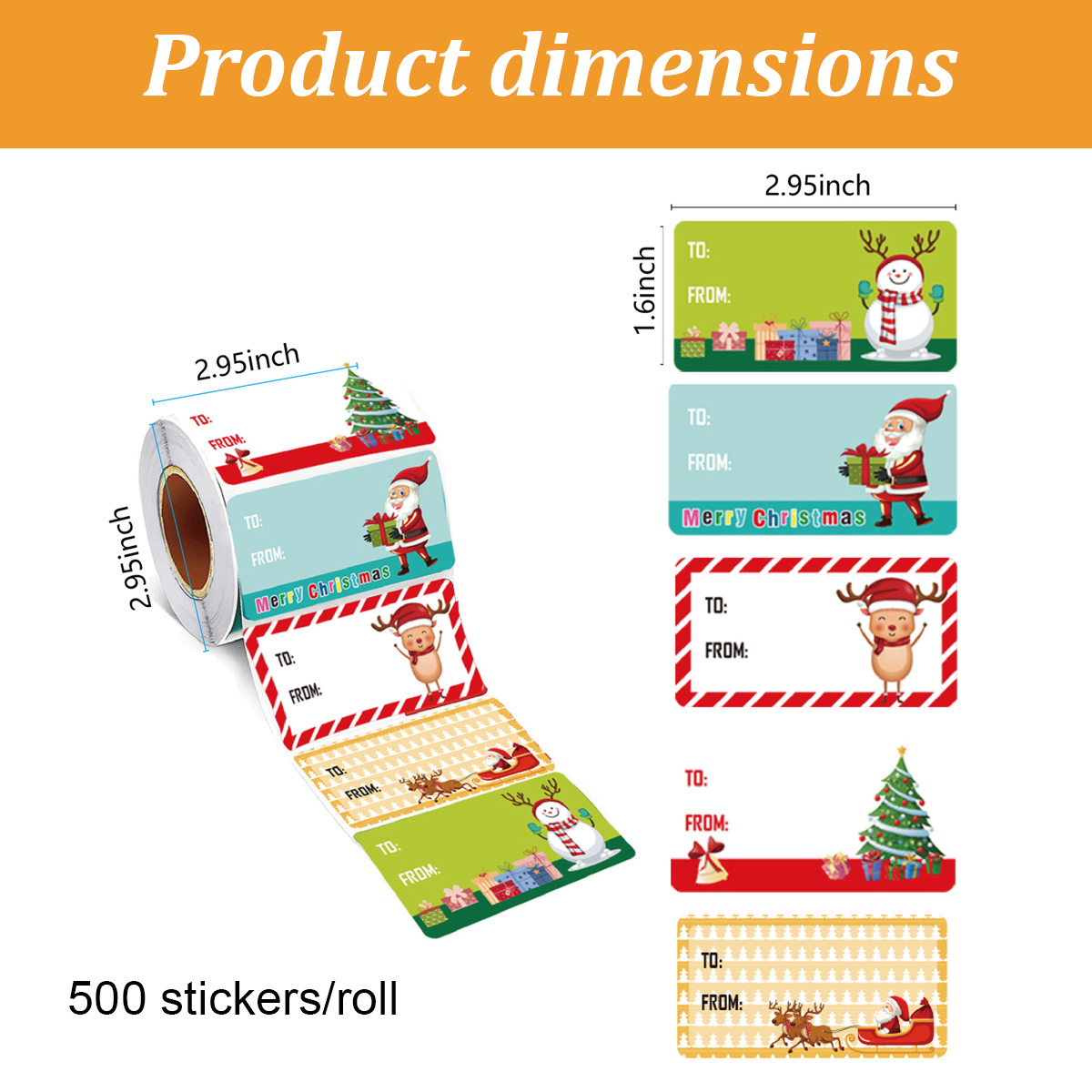 Eine Rolle mit 500 weihnachtlichen Geschenkanhängern mit Maßen und verschiedenen festlichen Designs.