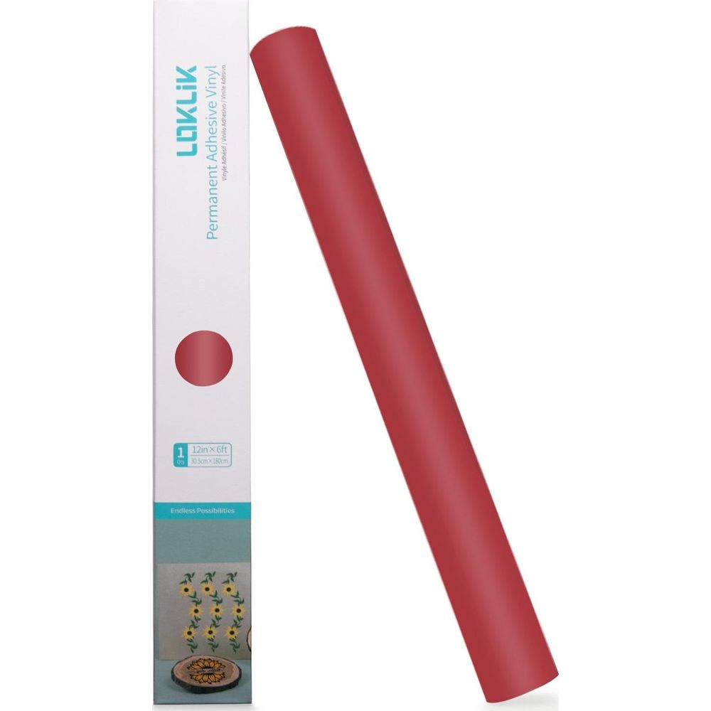 Eine rote Vinyl-Rolle und die dazugehörige Produktverpackung auf weißem Hintergrund.