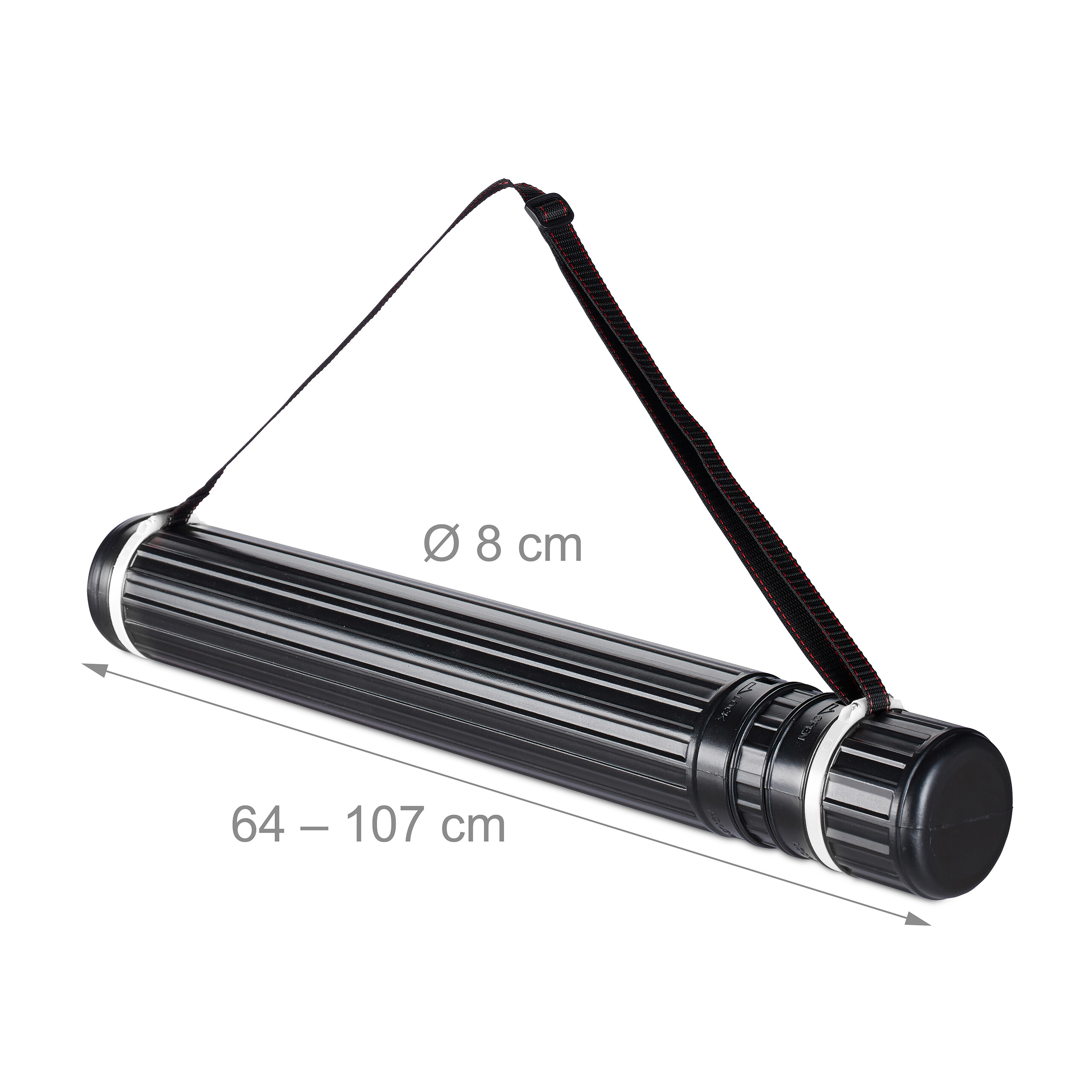Schwarze Transportrolle mit verstellbarem Schultergurt, Durchmesser 8 cm, Länge 64-107 cm.