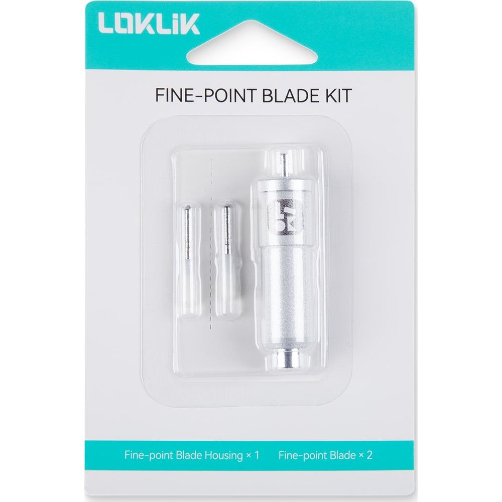 Verpackung des LoKlik Feinschnitt-Klingen-Kits mit 1 Gehäuse und 2 Klingen in Blisterverpackung.