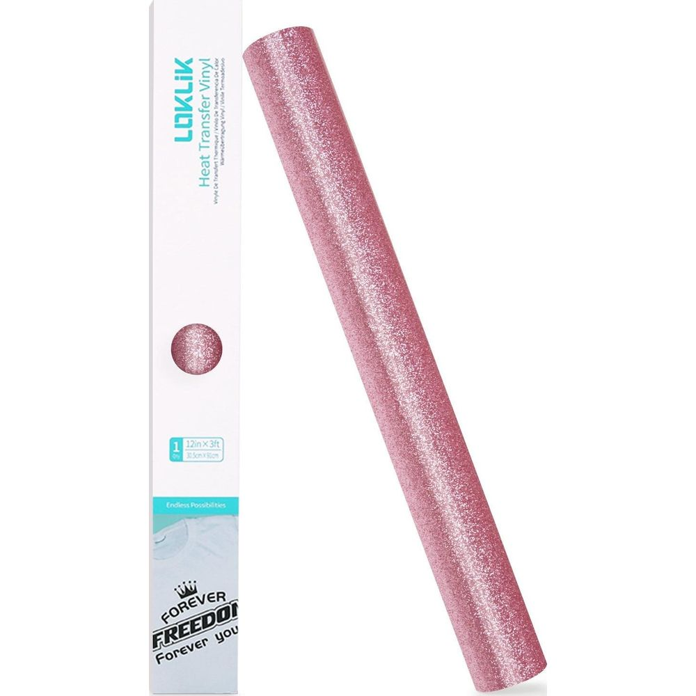 Eine Rolle rosa Glitzer-Wärmeübertragungs-Vinyl steht neben der Verpackungsschachtel.