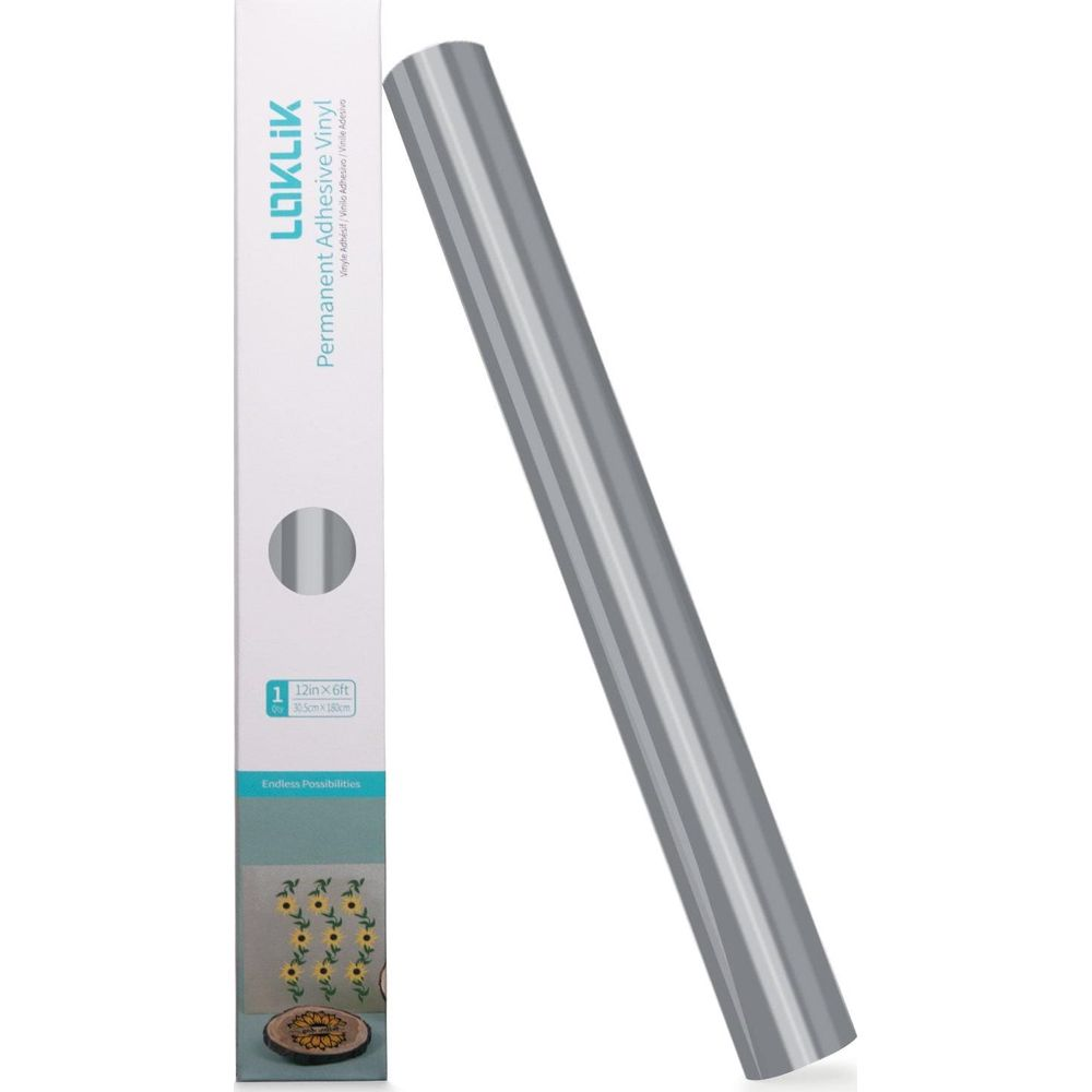 Eine Rolle graues, permanentes Klebevinyl neben seiner Produktverpackung auf weißem Hintergrund.