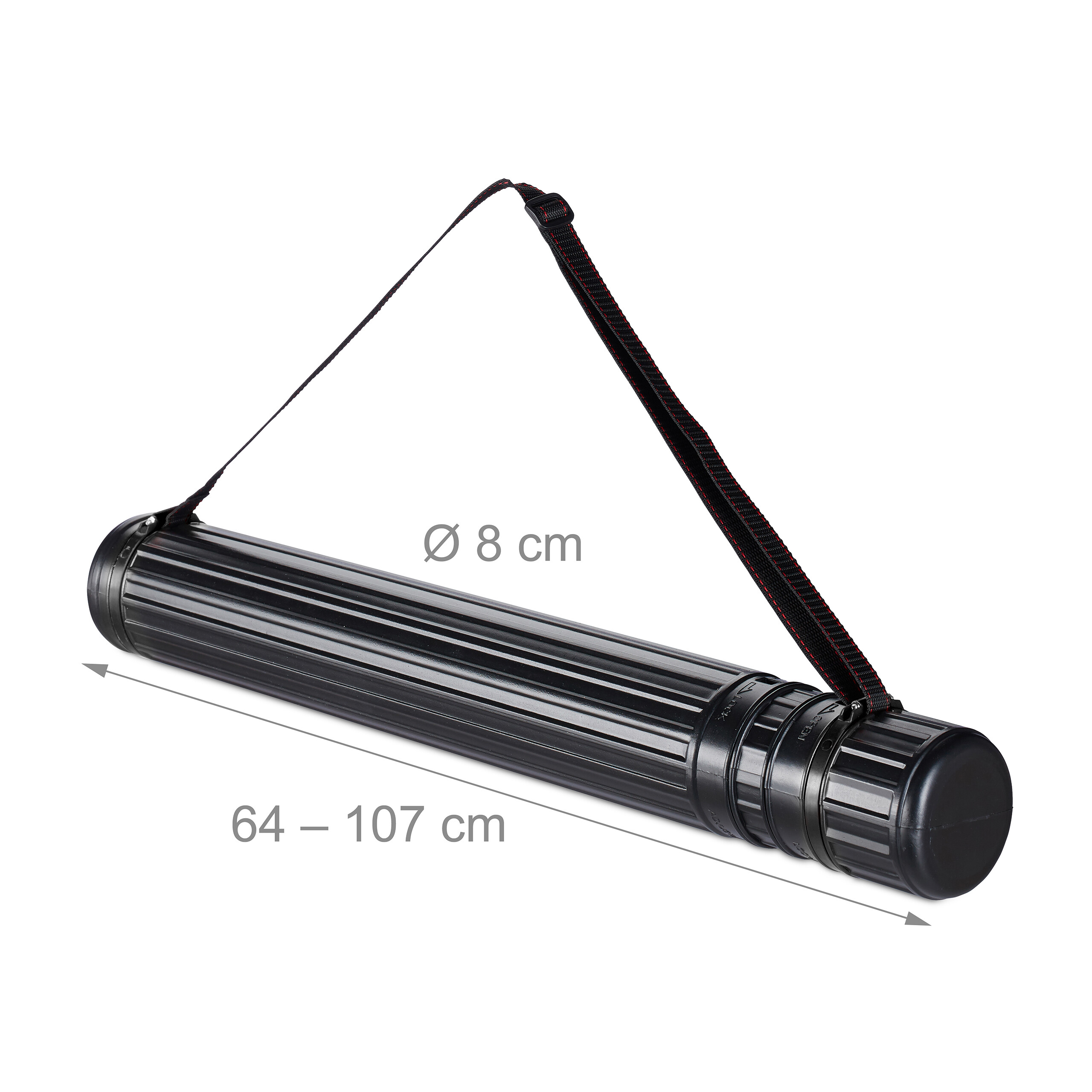Schwarze Transportröhre für Pläne mit verstellbarem Gurt, 8 cm Durchmesser, Länge 64-107 cm.