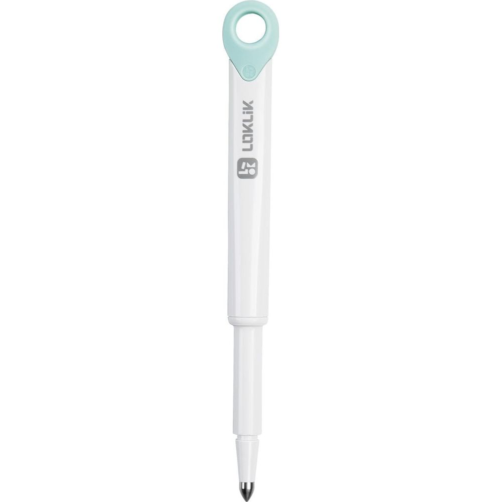 Ein weißer Stift mit mintgrüner Öse oben und einem grauen Logo auf dem Schaft vor weißem Hintergrund.