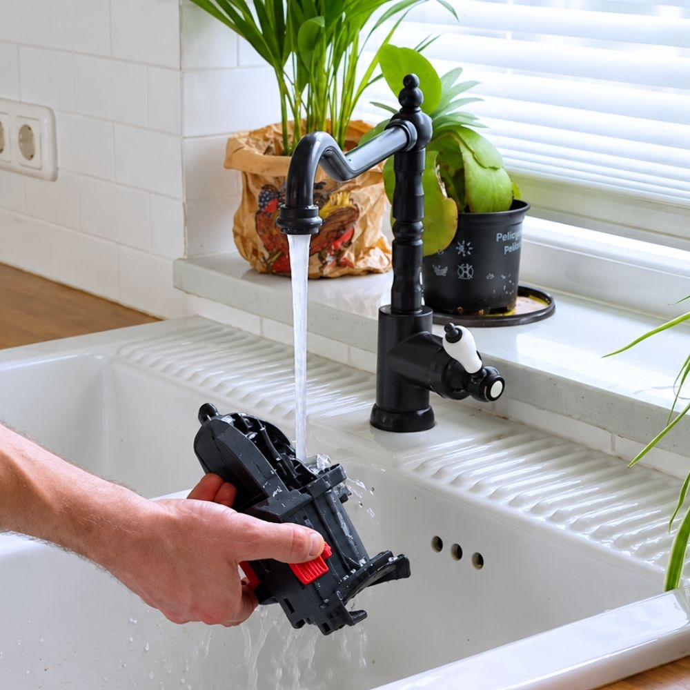 A hand rinses a black machine part under running water from a kitchen faucet in a white sink.