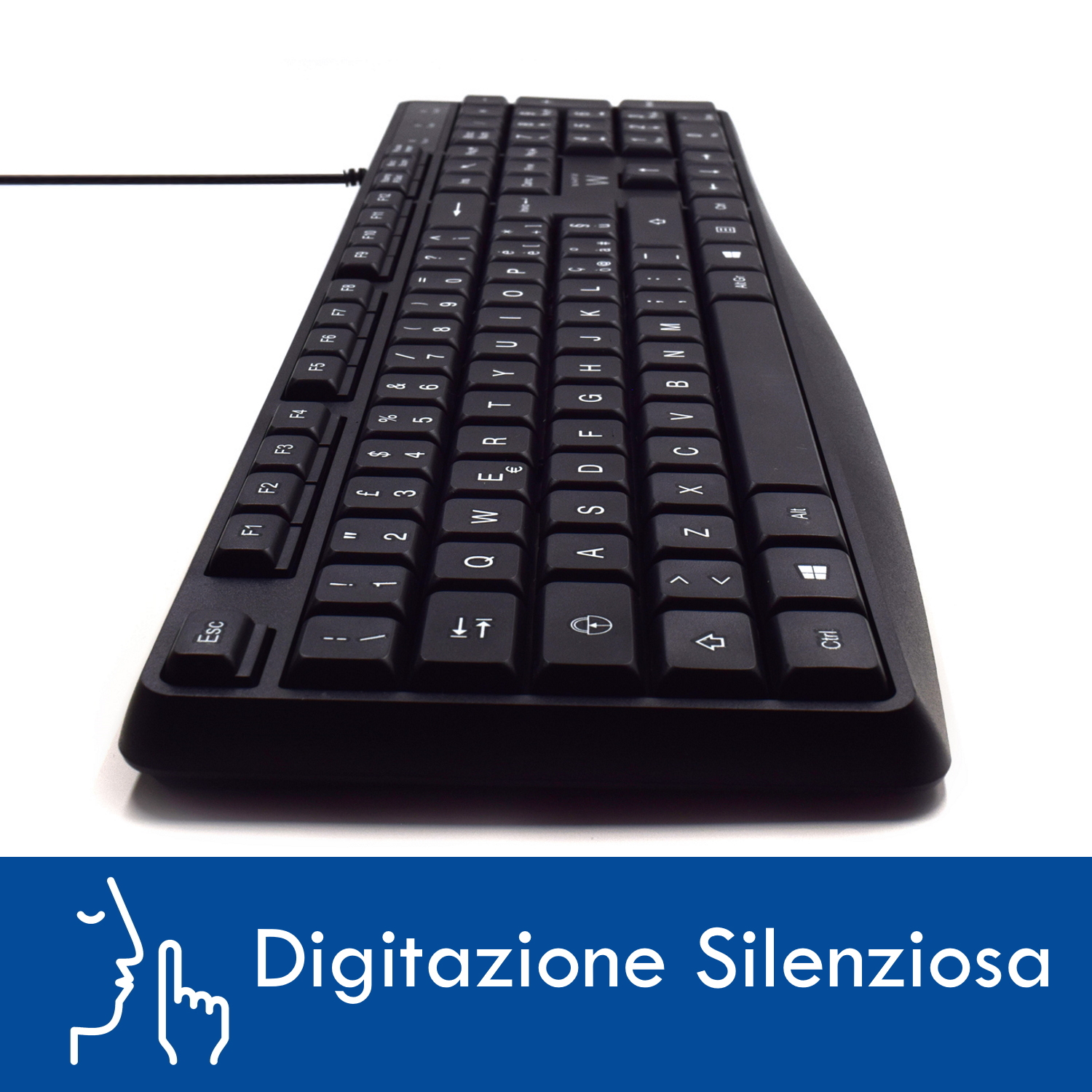 Tastiera nera in orizzontale su sfondo bianco con piè di pagina blu e la scritta Digitazione Silenziosa.