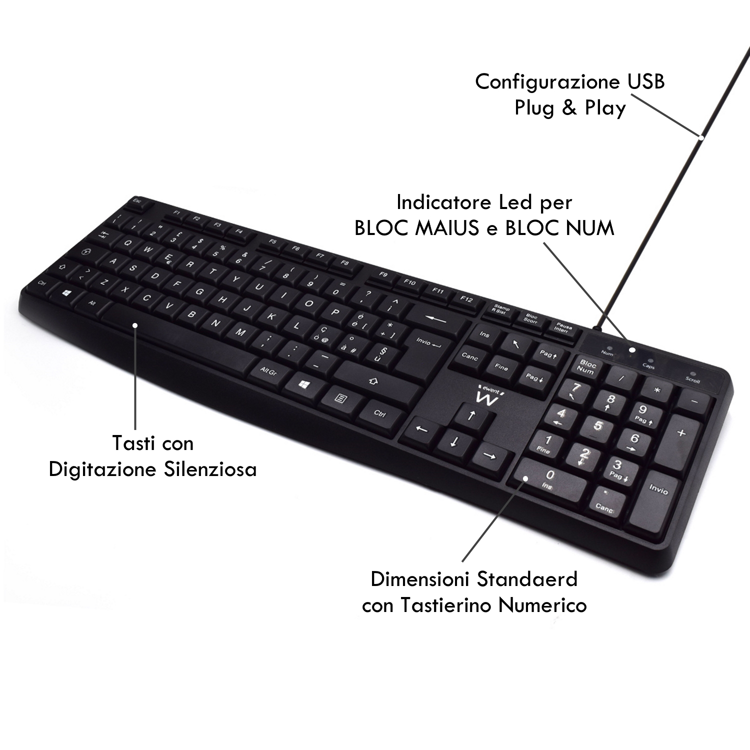 Tastiera nera con tastierino numerico, tasti silenziosi, cavo USB e spie LED, con etichette in italiano.