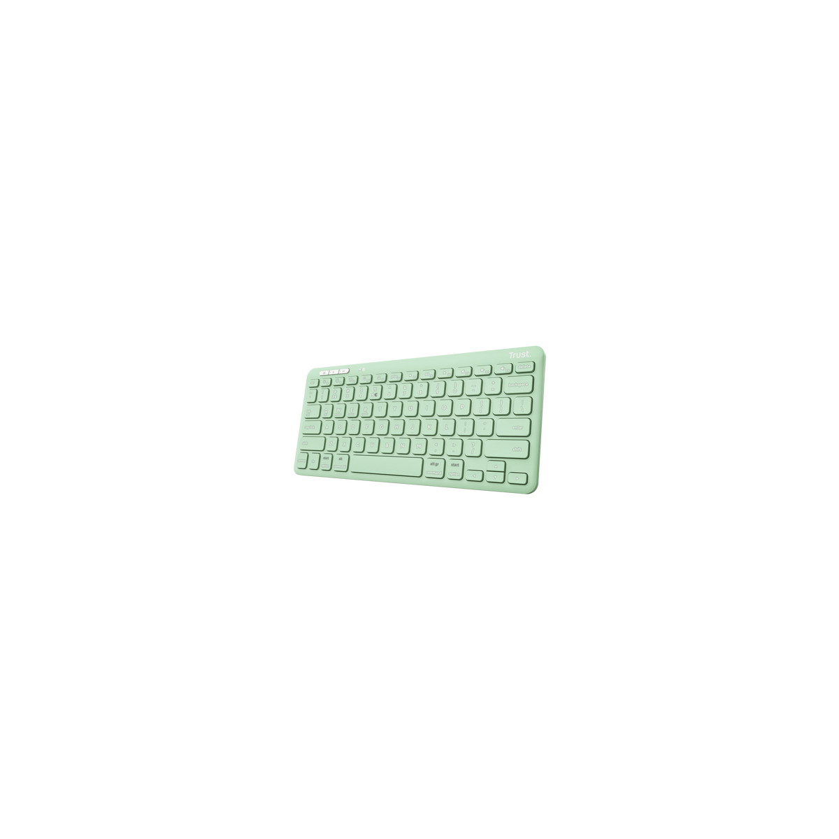 Una tastiera per computer Trust verde menta compatta su sfondo bianco.