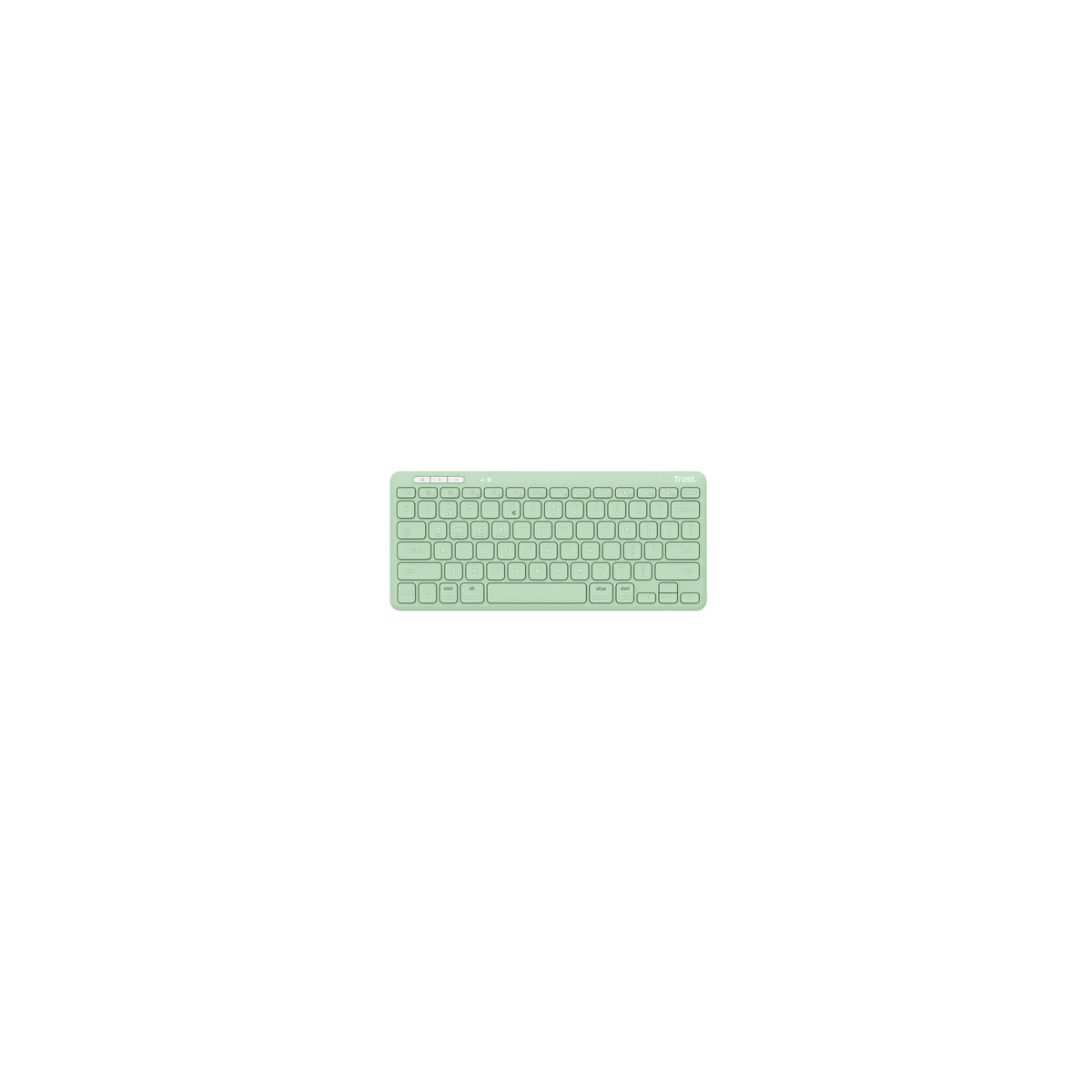 Una tastiera Trust compatta verde menta su sfondo bianco.