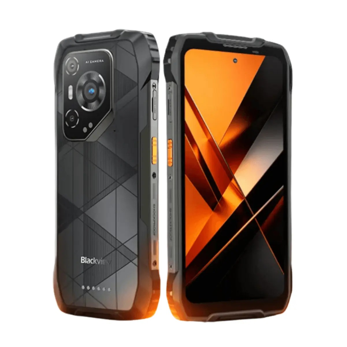Dos vistas de un teléfono resistente Blackview con trasera negra texturizada y pantalla frontal iluminada en naranja.