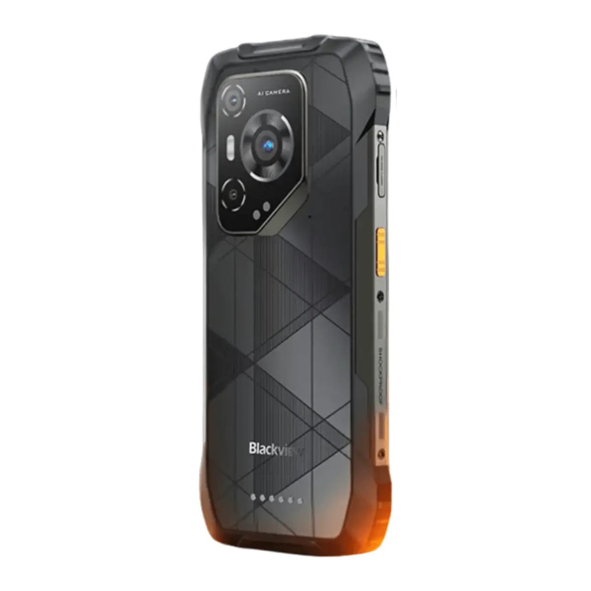 Un smartphone negro resistente con patrón geométrico texturizado en la parte trasera y botones laterales naranjas.