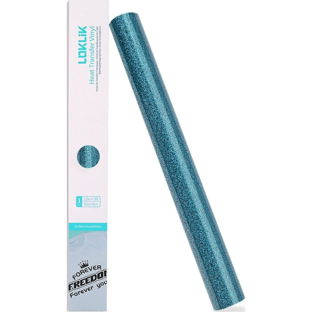 Eine Rolle blauer Glitzer-Wärmeübertragungsfolie neben ihrer weißen Verpackung.